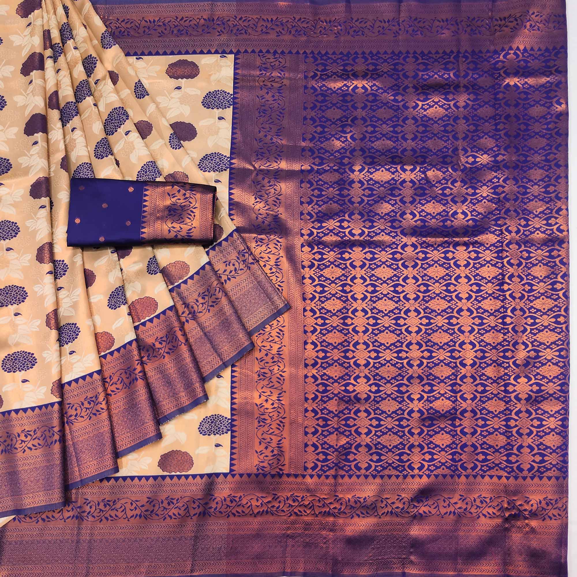Cream & Blue Floral Zari Woven Cotton Silk Saree
