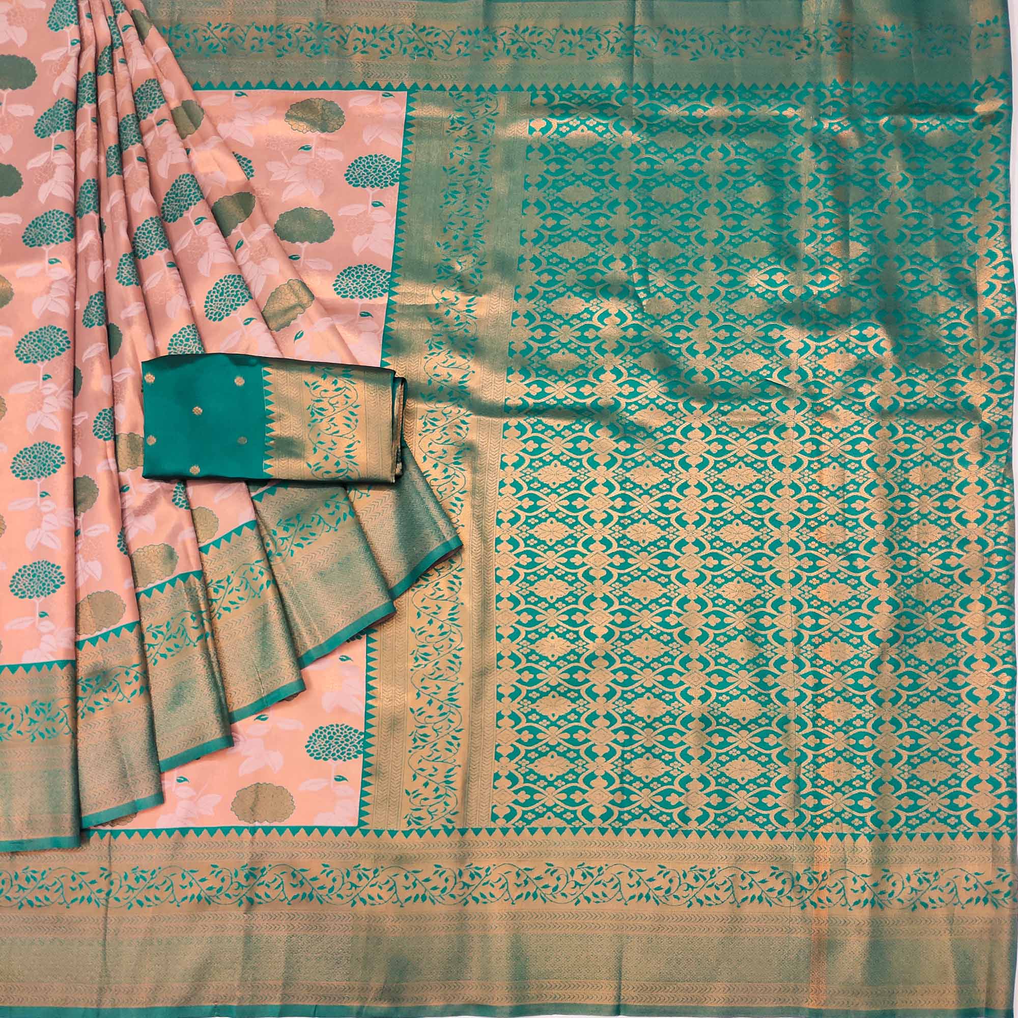 Peach & Green Floral Zari Woven Cotton Silk Saree