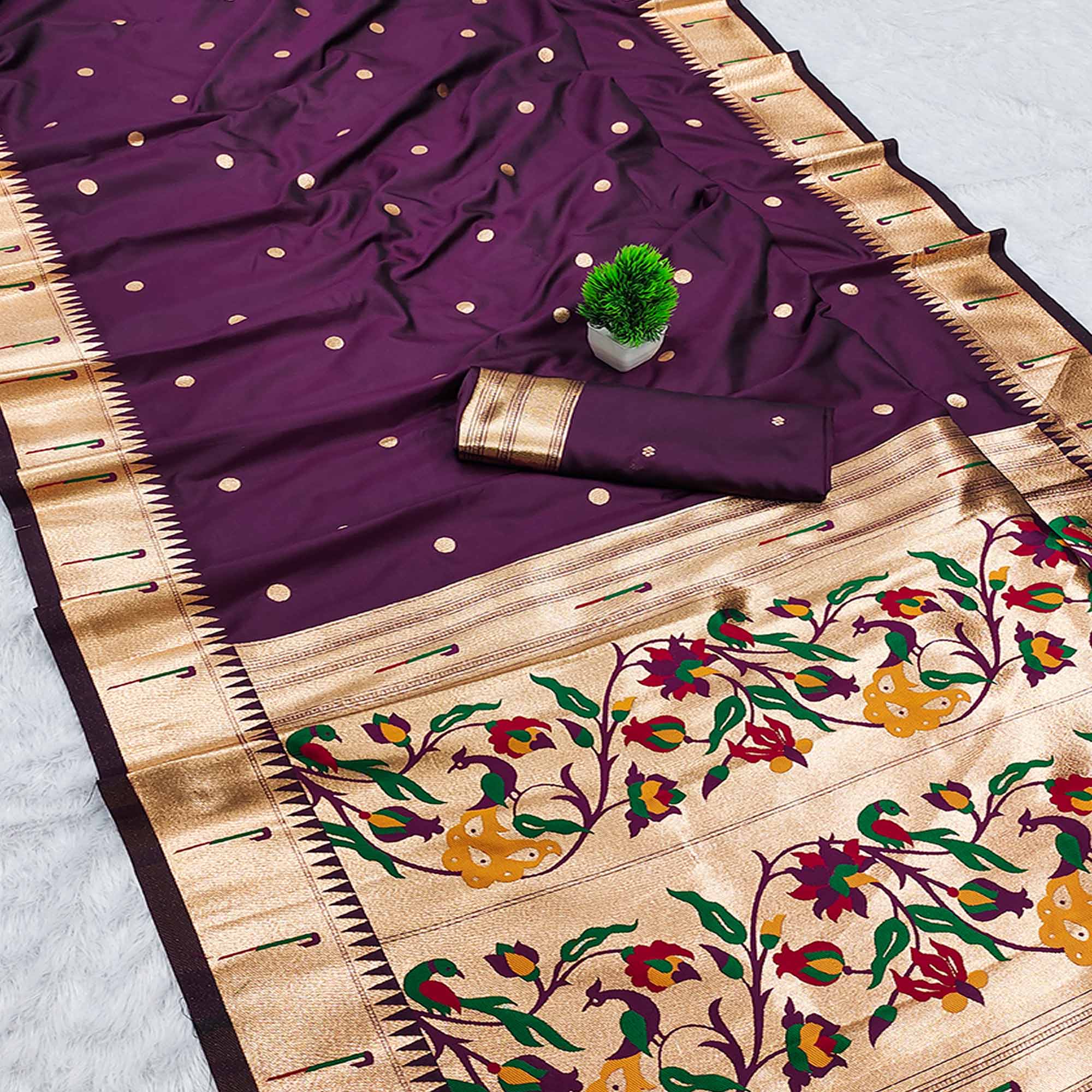 Dark Purple Paithani Style Cotton Silk Saree with Golden Zari Detailing