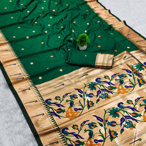 Green Paithani Style Cotton Silk Saree with Golden Zari Detailing