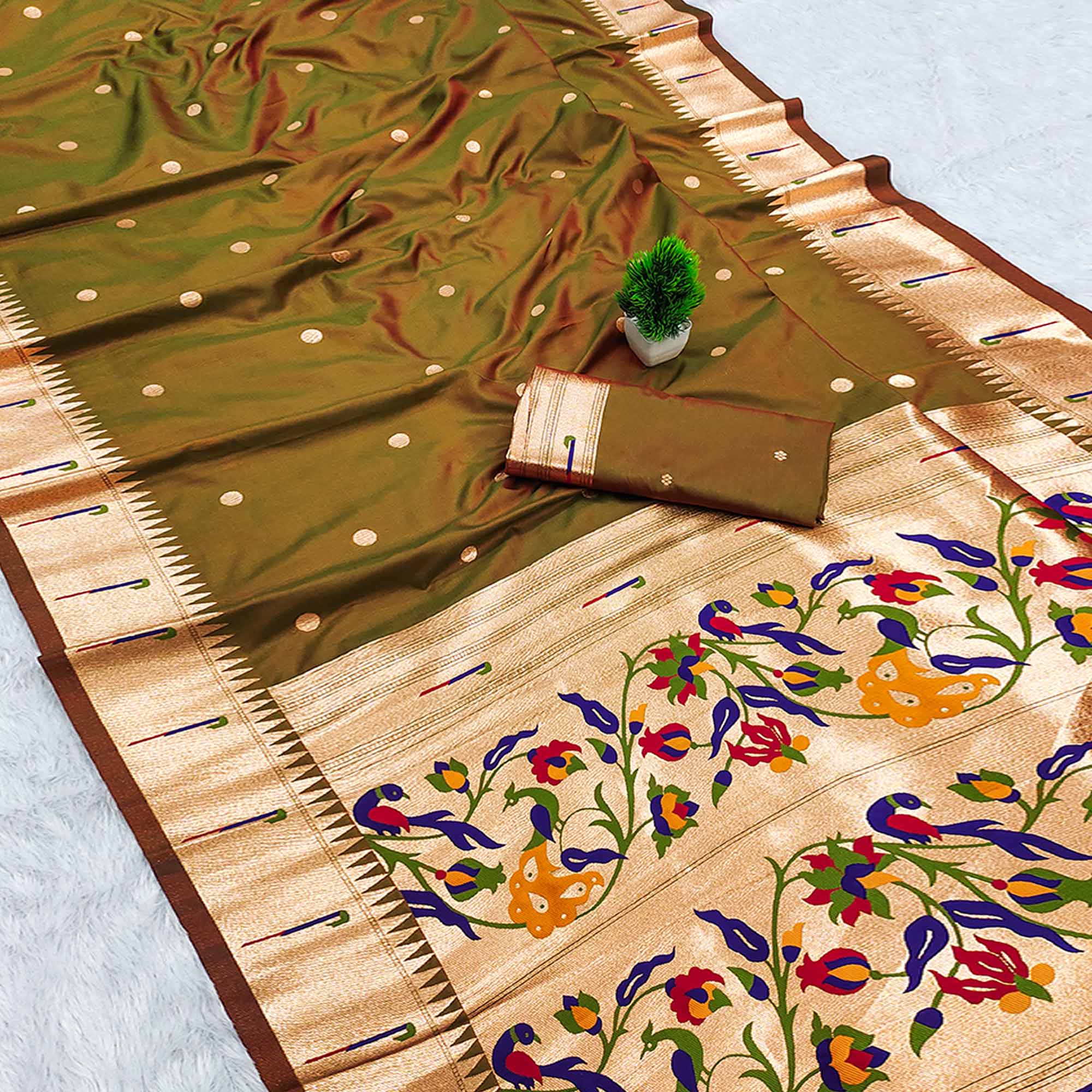 Olive Paithani Style Cotton Silk Saree with Golden Zari Detailing