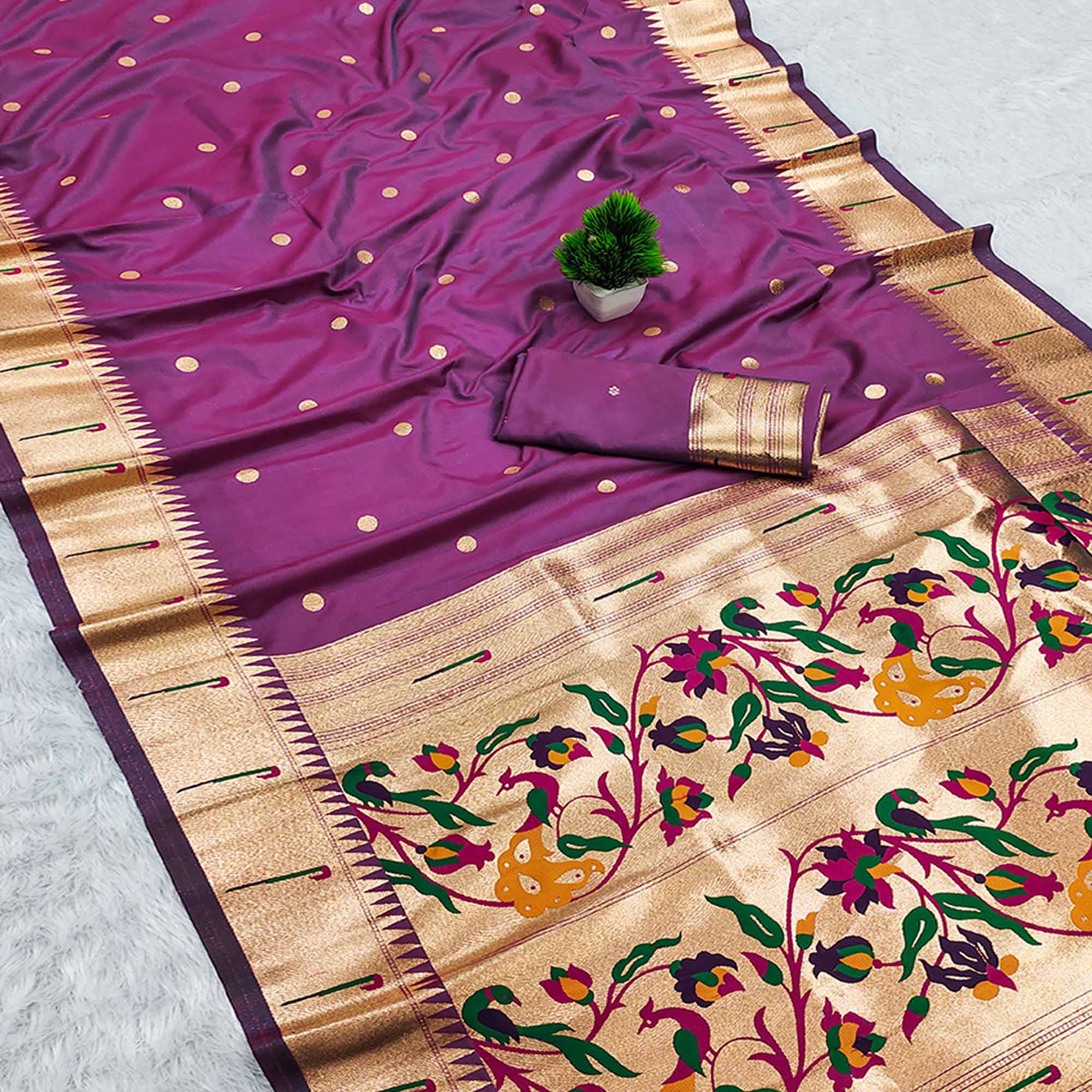 Purple Paithani Style Cotton Silk Saree with Golden Zari Detailing