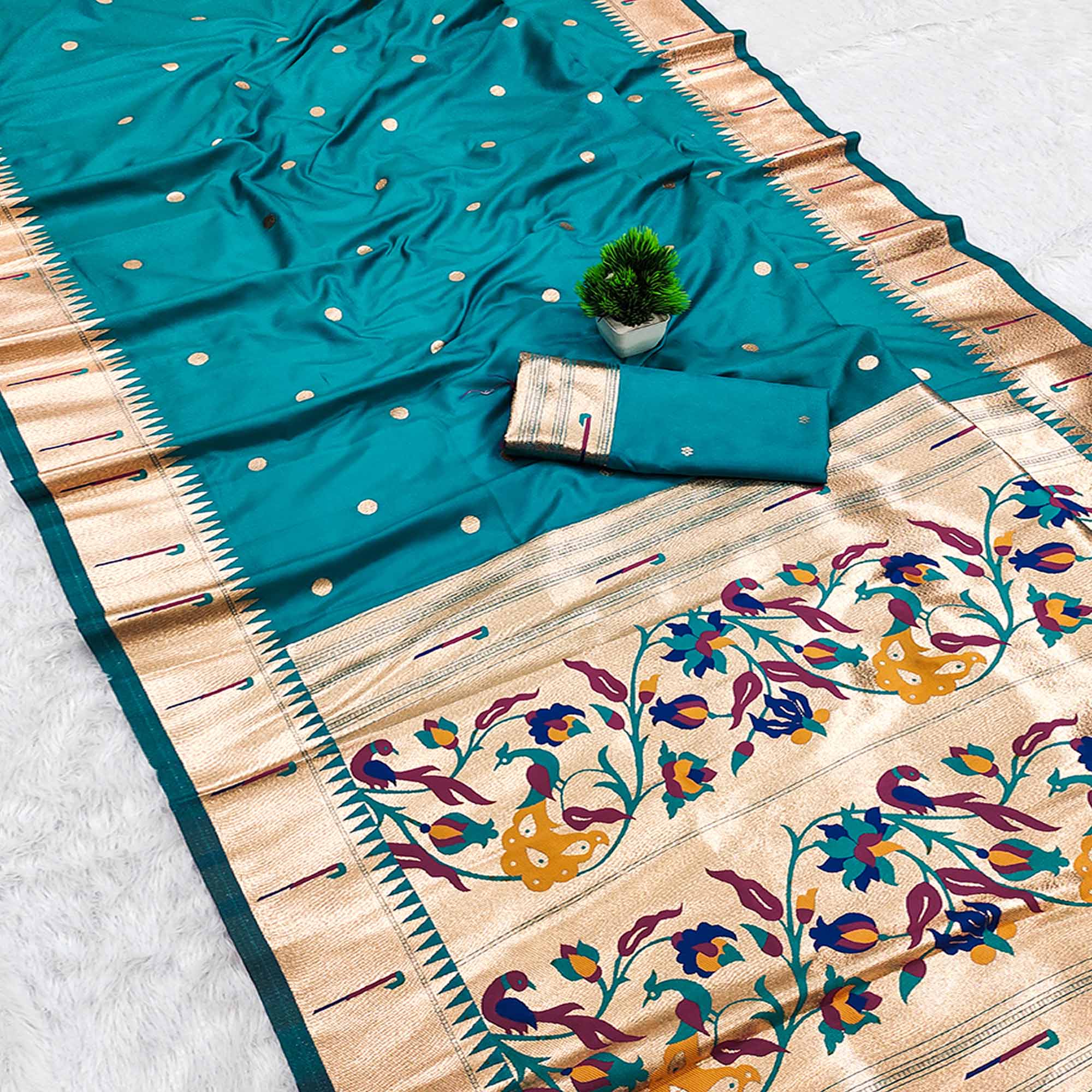 Rama Blue Paithani Style Cotton Silk Saree with Golden Zari Detailing