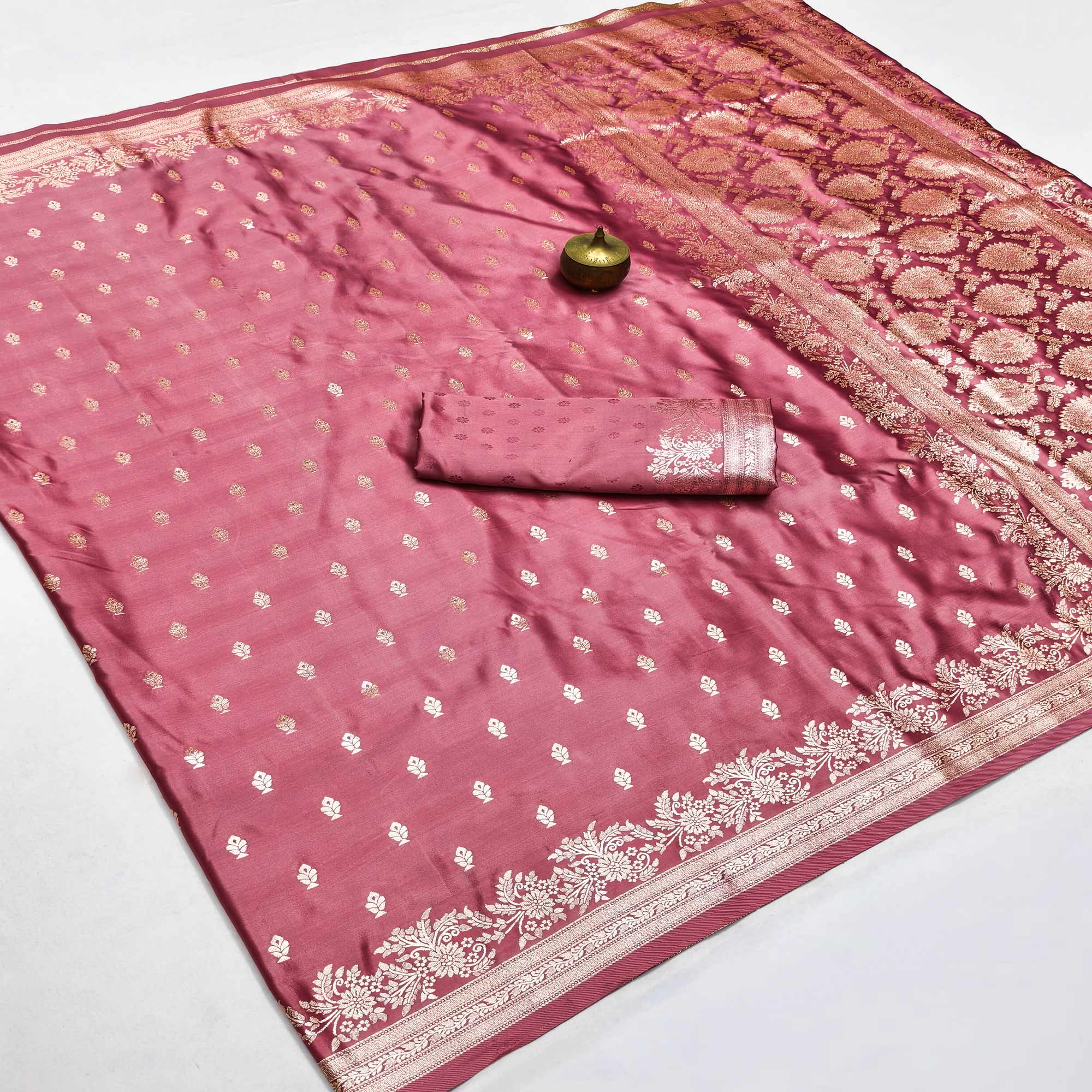 Luxury Rose Pink Silk Saree with Classic Zari Butti Woven Patterns