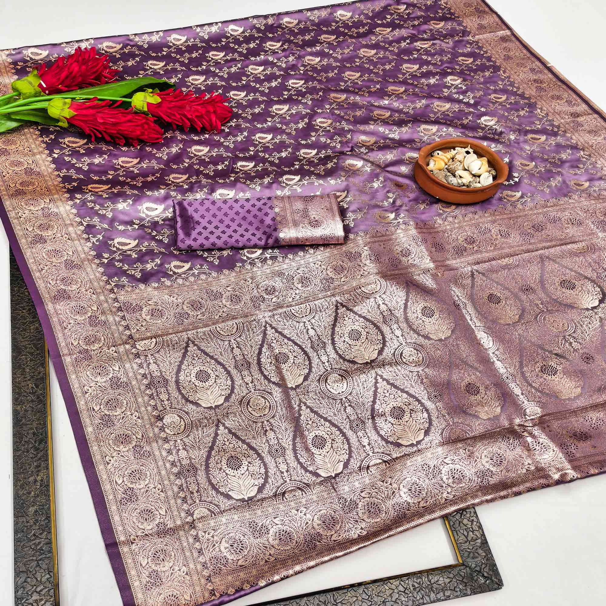 Lavender Silk Saree with Classic Zari Butti Woven Patterns