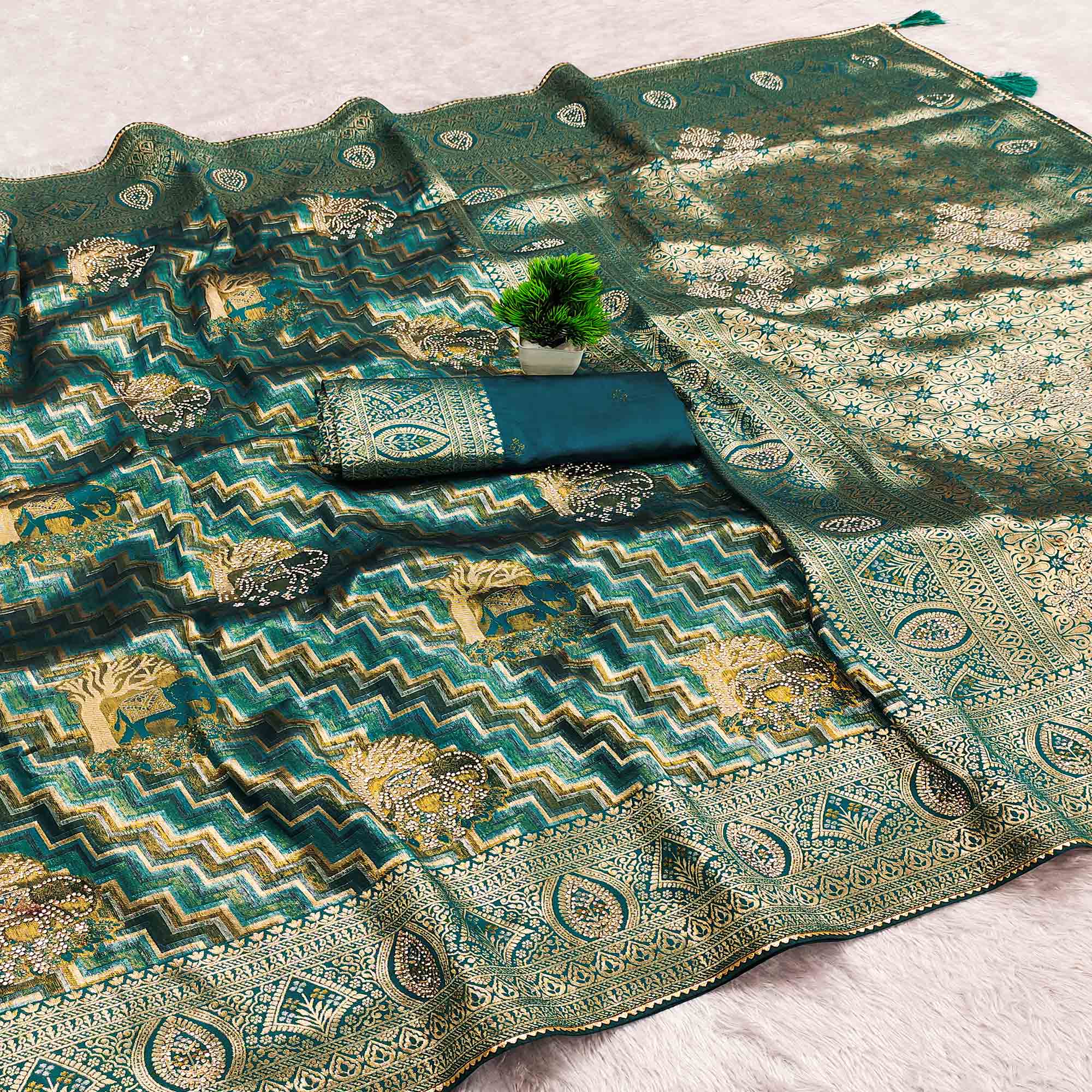 Teal Kanjivaram Silk Weaving Saree Accented With Exquisite Floral & Elephant Motif & Jarkan Work