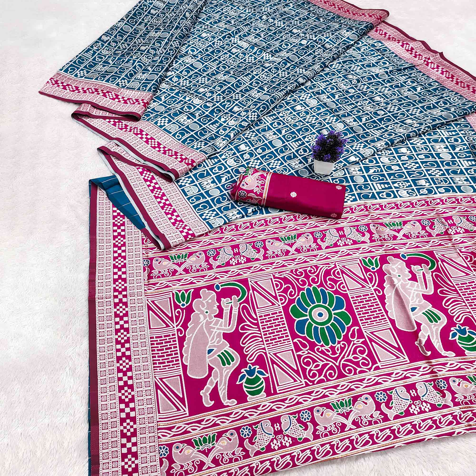 Elegant Blue Weaving Cotton Silk Saree Accented With Detailed Madhubani Folk Art Work