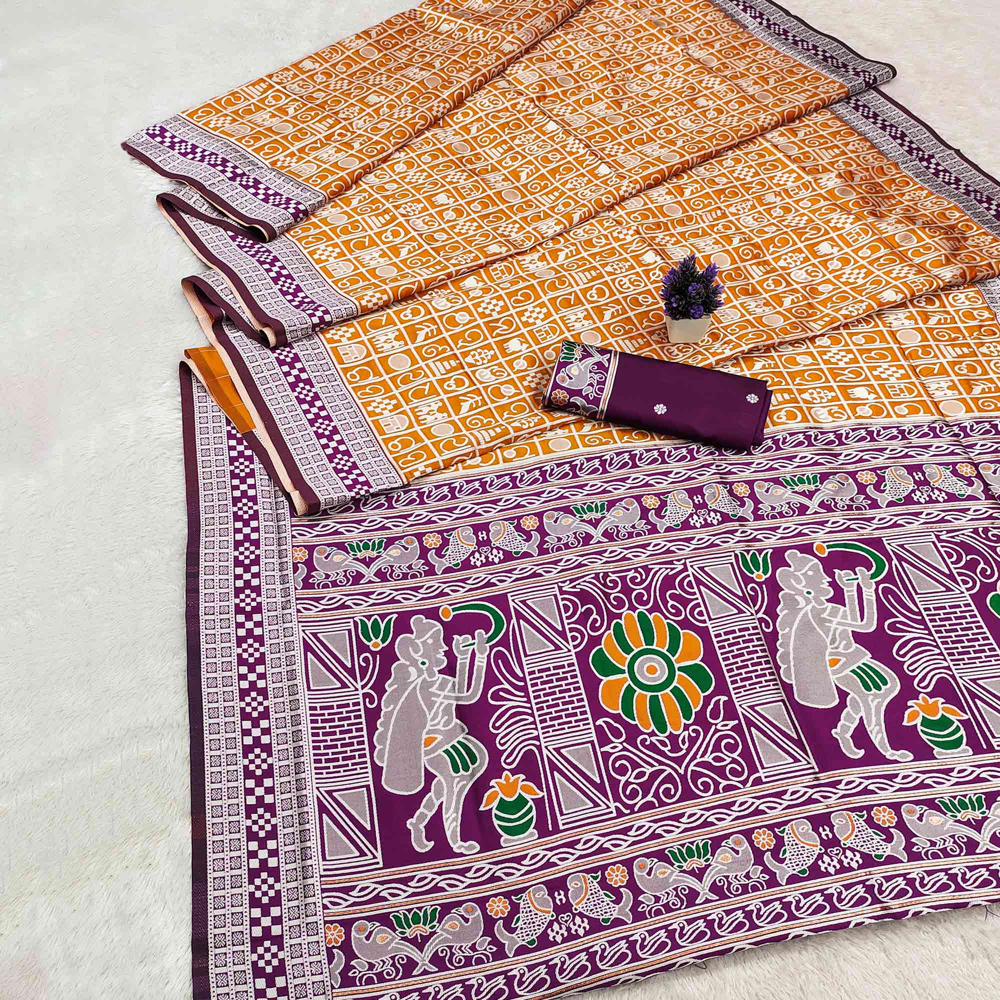 Elegant Mustard Weaving Cotton Silk Saree Accented With Detailed Madhubani Folk Art Work