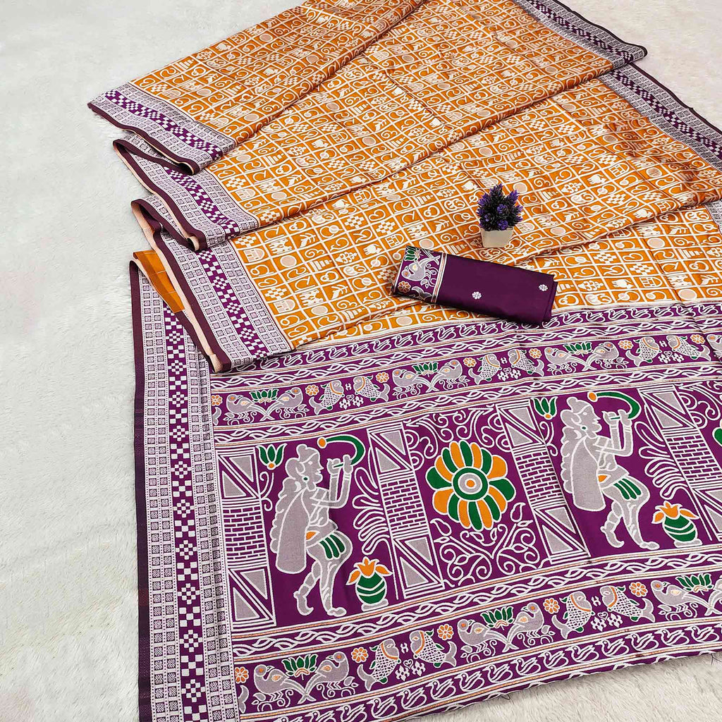 Elegant Mustard Weaving Cotton Silk Saree Accented With Detailed Madhu