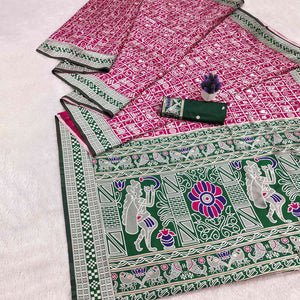 Elegant Pink Weaving Cotton Silk Saree Accented With Detailed Madhubani Folk Art Work