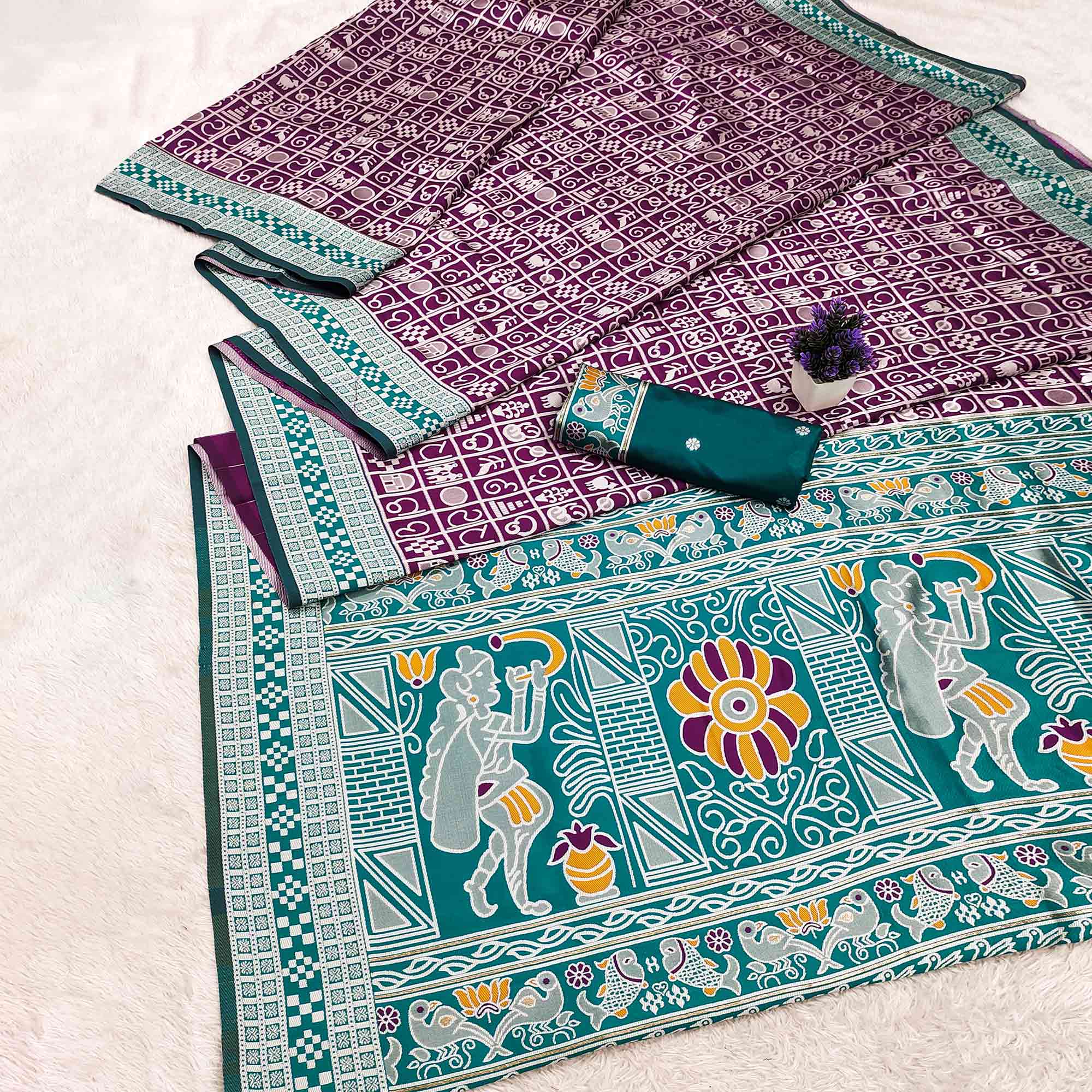 Elegant Purple Weaving Cotton Silk Saree Accented With Detailed Madhubani Folk Art Work
