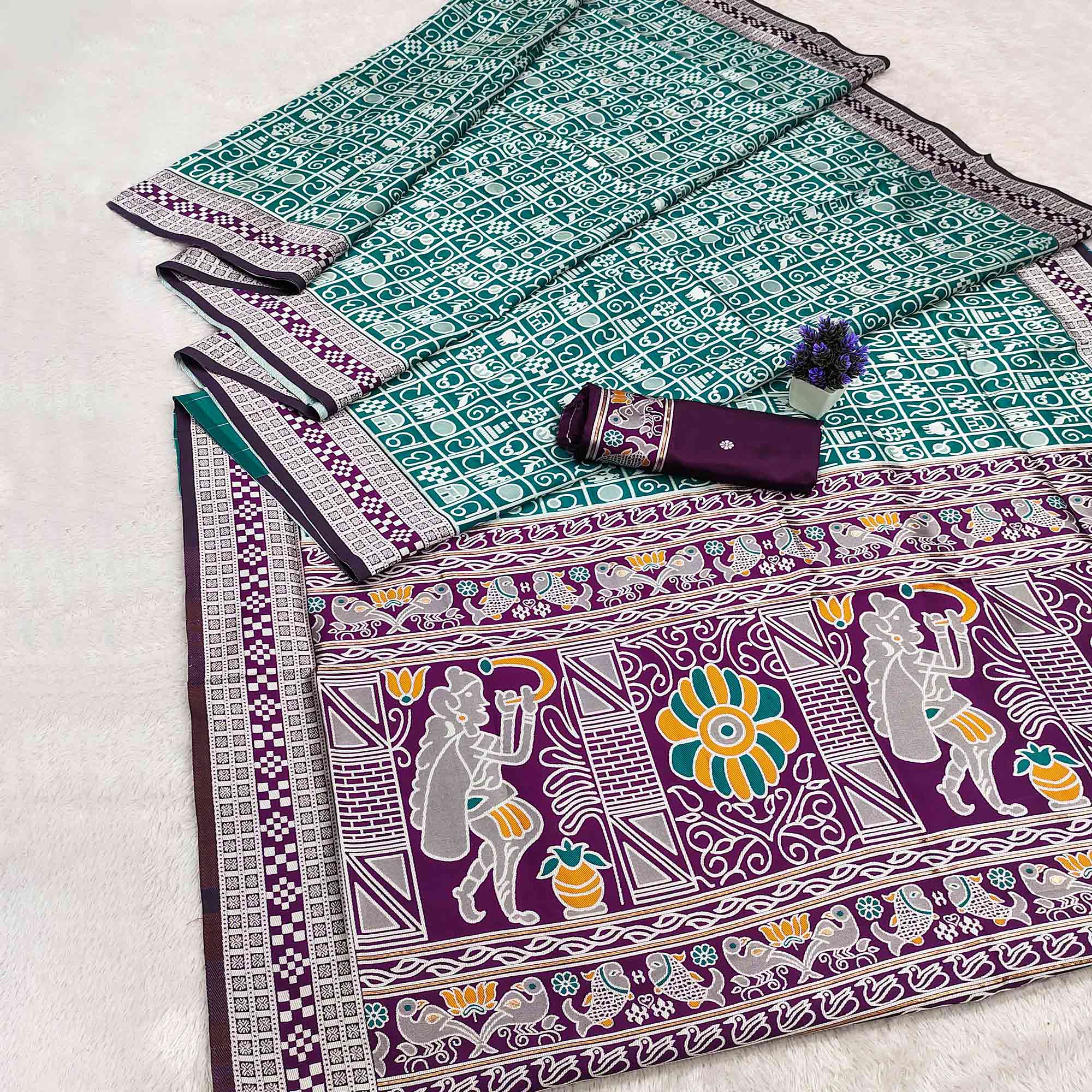 Elegant Teal Weaving Cotton Silk Saree Accented With Detailed Madhubani Folk Art Work