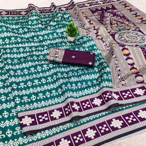 Teal Weaving Cotton Silk Saree With Contrasting Floral & Peacock Design Pallu