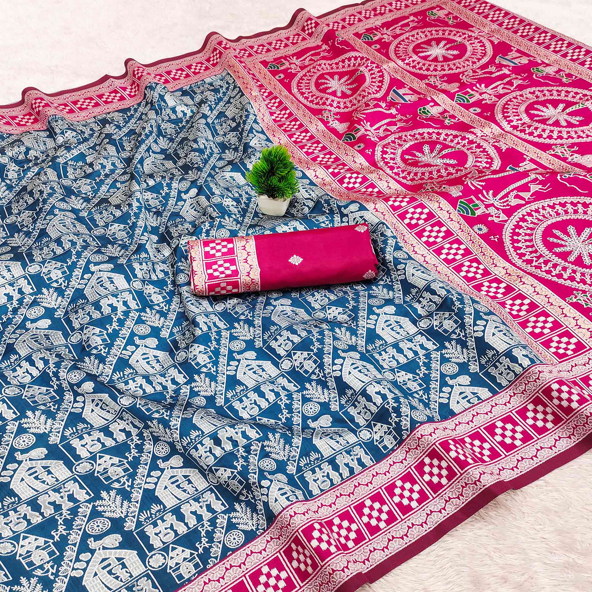 Blue Warli Tribal Weaving Cotton Silk Saree With Madhubani Art Work Pallu