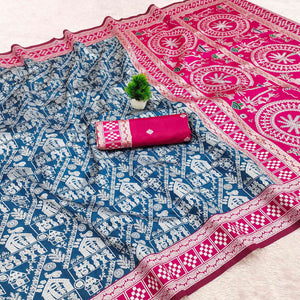 Blue Warli Tribal Weaving Cotton Silk Saree With Madhubani Art Work Pallu