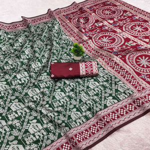 Green Warli Tribal Weaving Cotton Silk Saree With Madhubani Art Work Pallu
