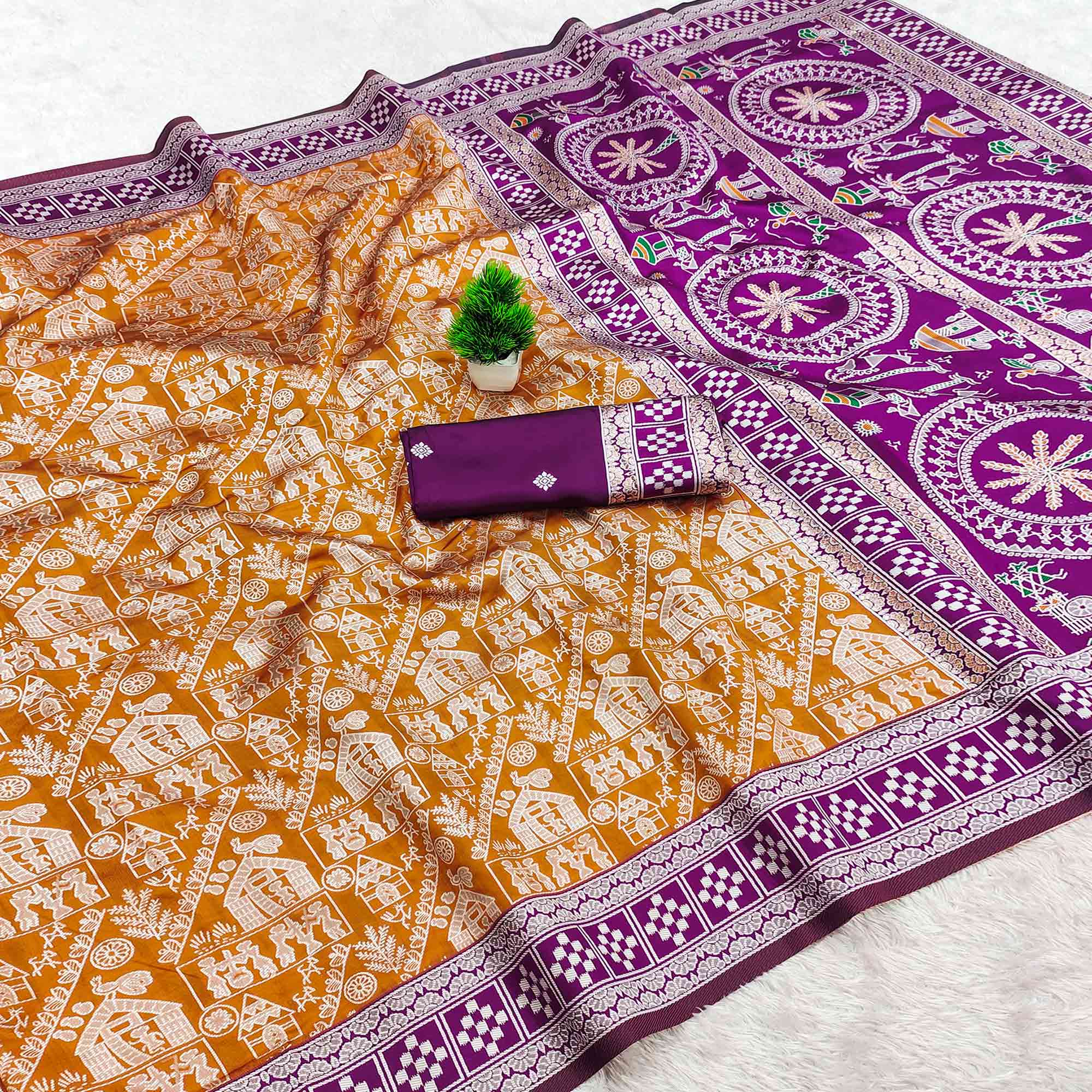 Mustard Warli Tribal Weaving Cotton Silk Saree With Madhubani Art Work Pallu