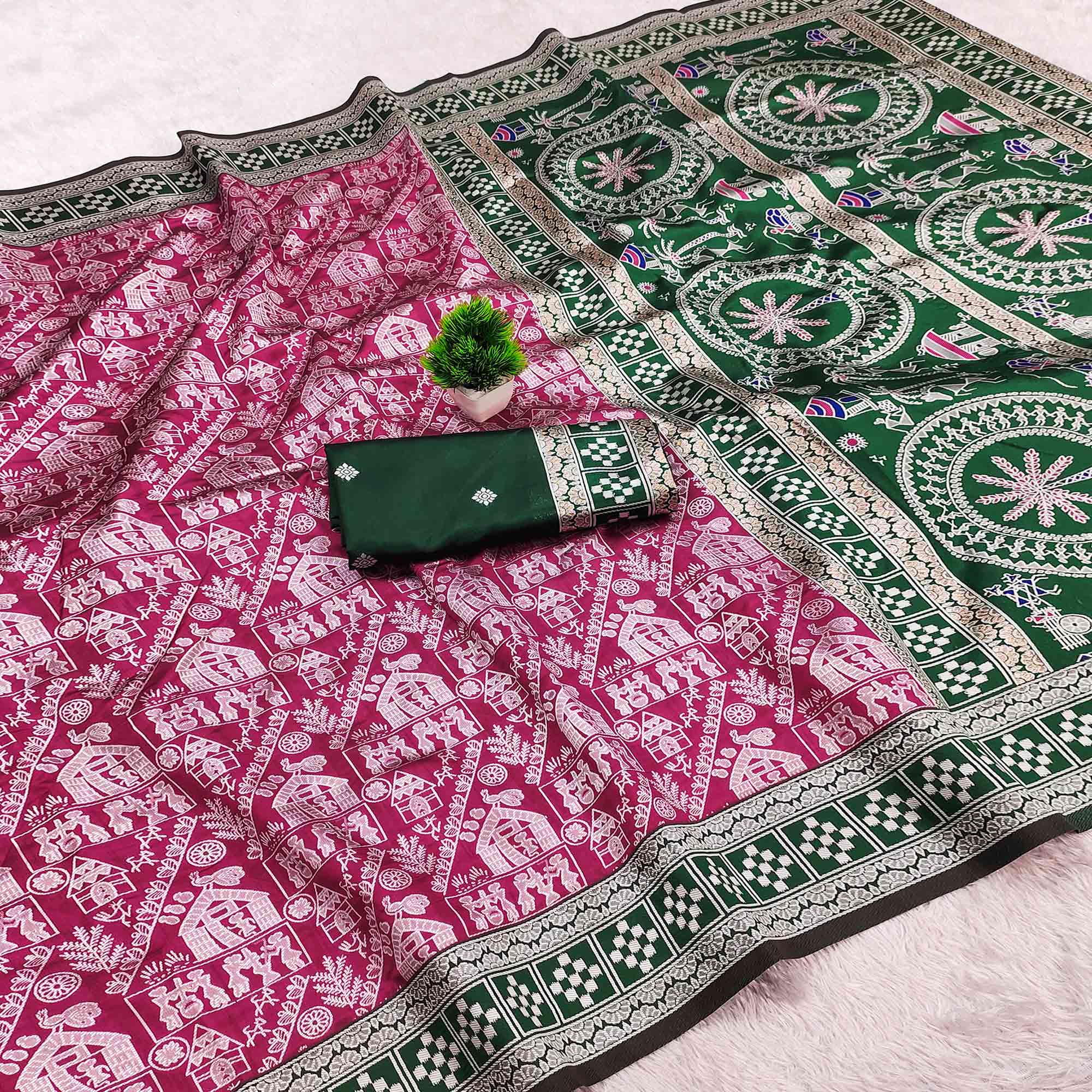 Pink Warli Tribal Weaving Cotton Silk Saree With Madhubani Art Work Pallu