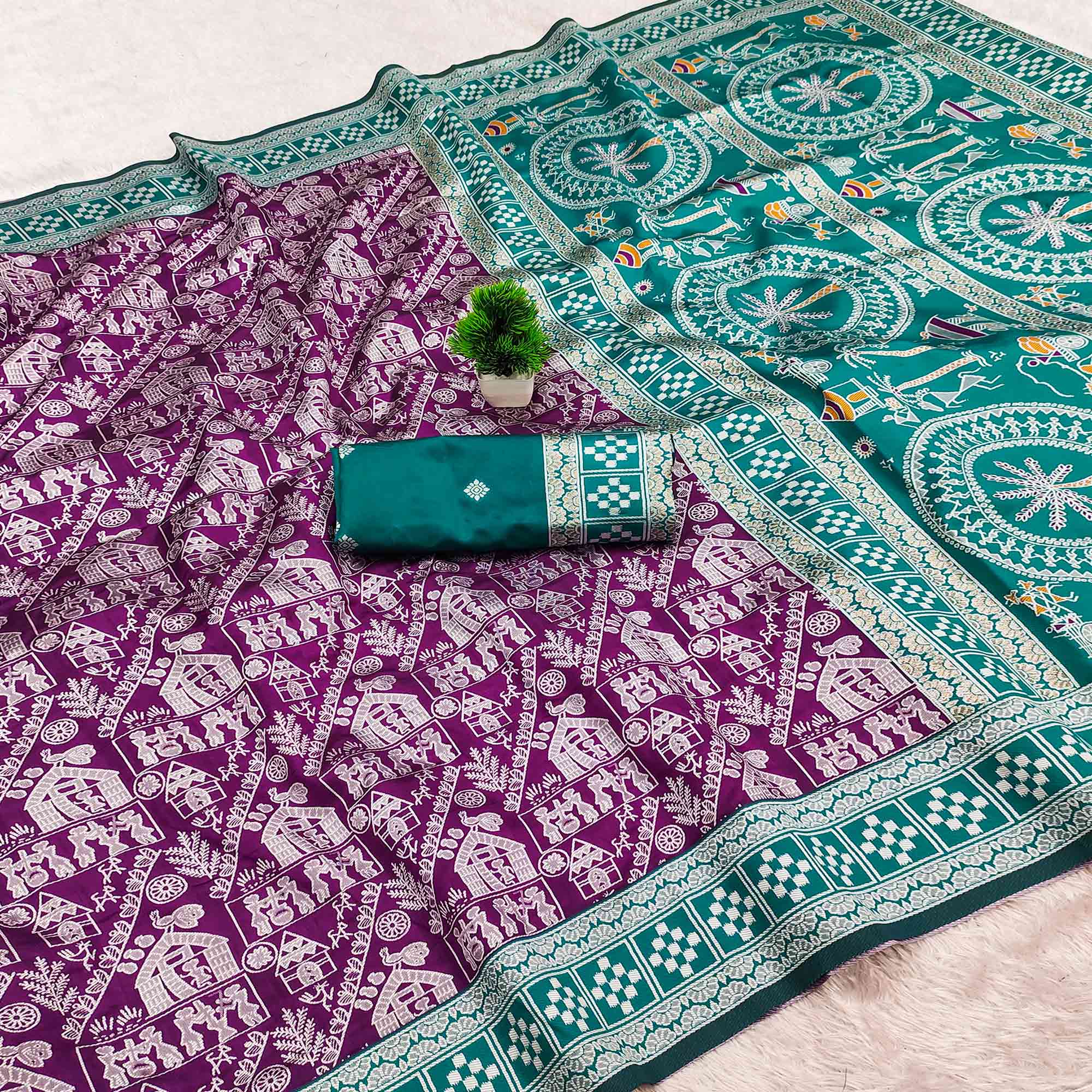 Purple Warli Tribal Weaving Cotton Silk Saree With Madhubani Art Work Pallu