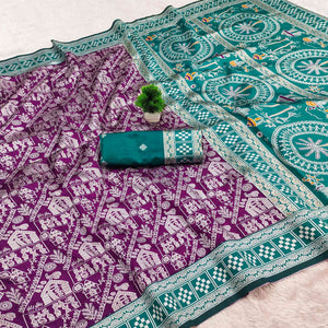 Purple Warli Tribal Weaving Cotton Silk Saree With Madhubani Art Work Pallu