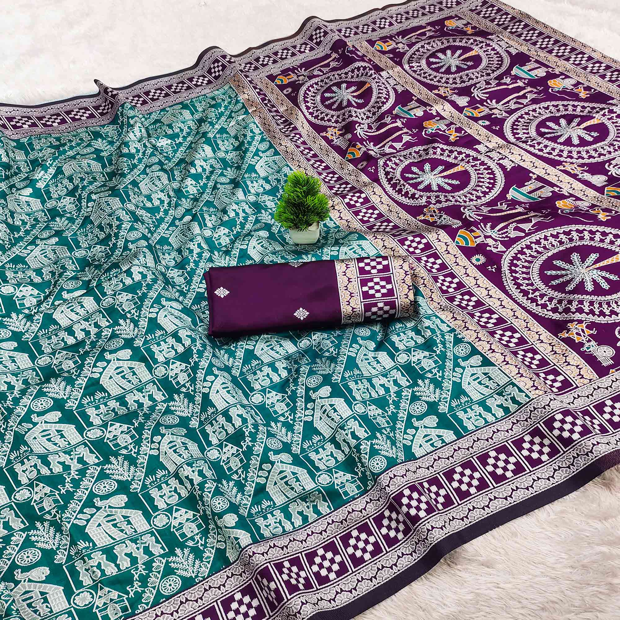 Teal Warli Tribal Weaving Cotton Silk Saree With Madhubani Art Work Pallu