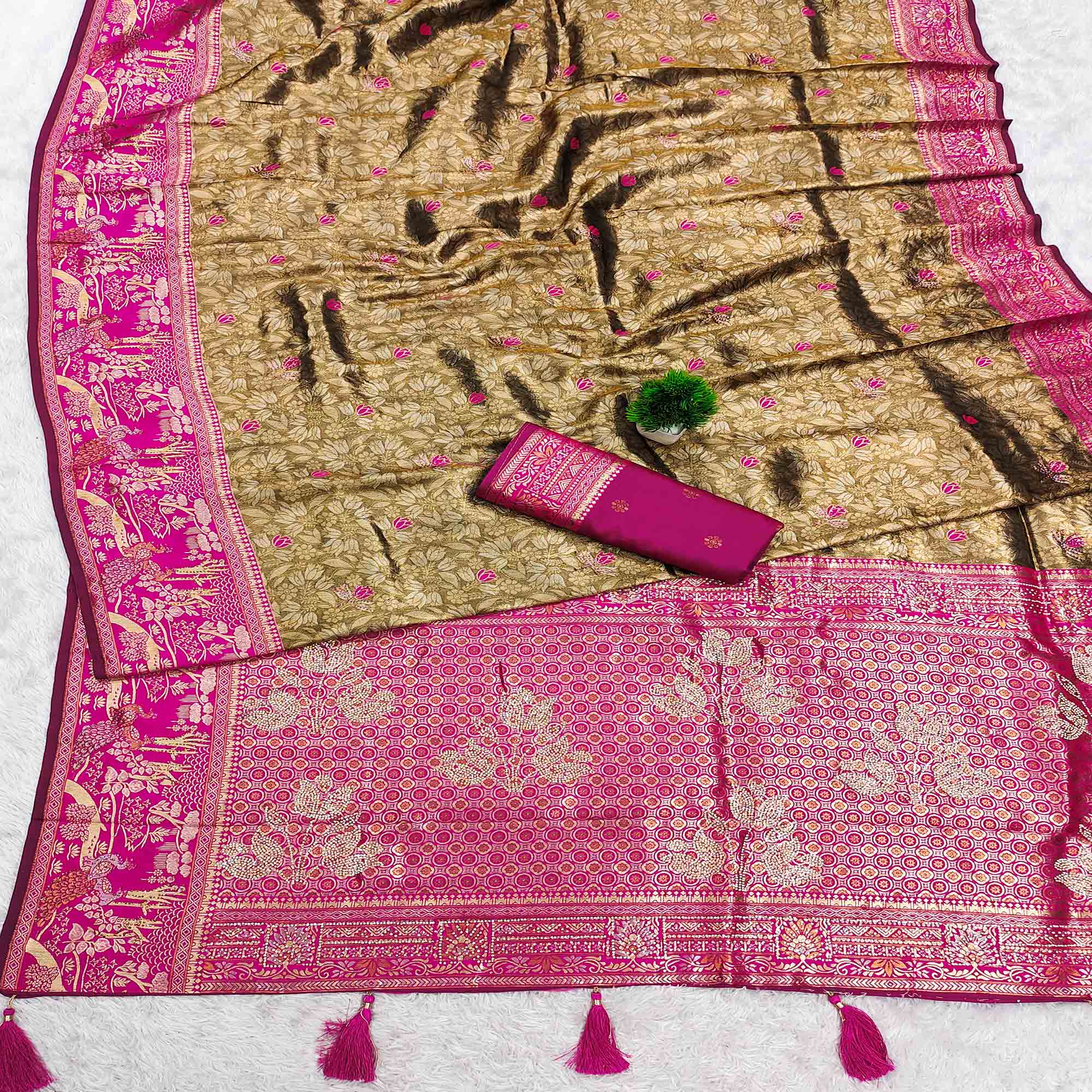 Golden Brown Silk Blend Saree Featuring Elegant Floral Weaving Work & A Graceful Tassel Pallu