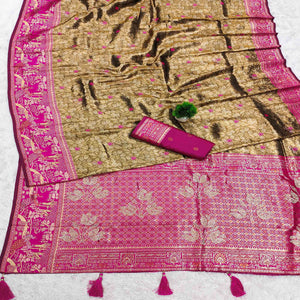 Golden Brown Silk Blend Saree Featuring Elegant Floral Weaving Work & A Graceful Tassel Pallu