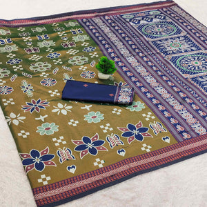 Olive Traditional Kanjivaram Silk Saree Featuring Elegant Floral Weaves