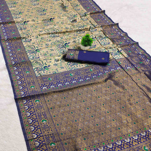 Beige & Blue Handloom Kanjivaram Silk Saree Featuring Kalamkari-Style Floral Weaves