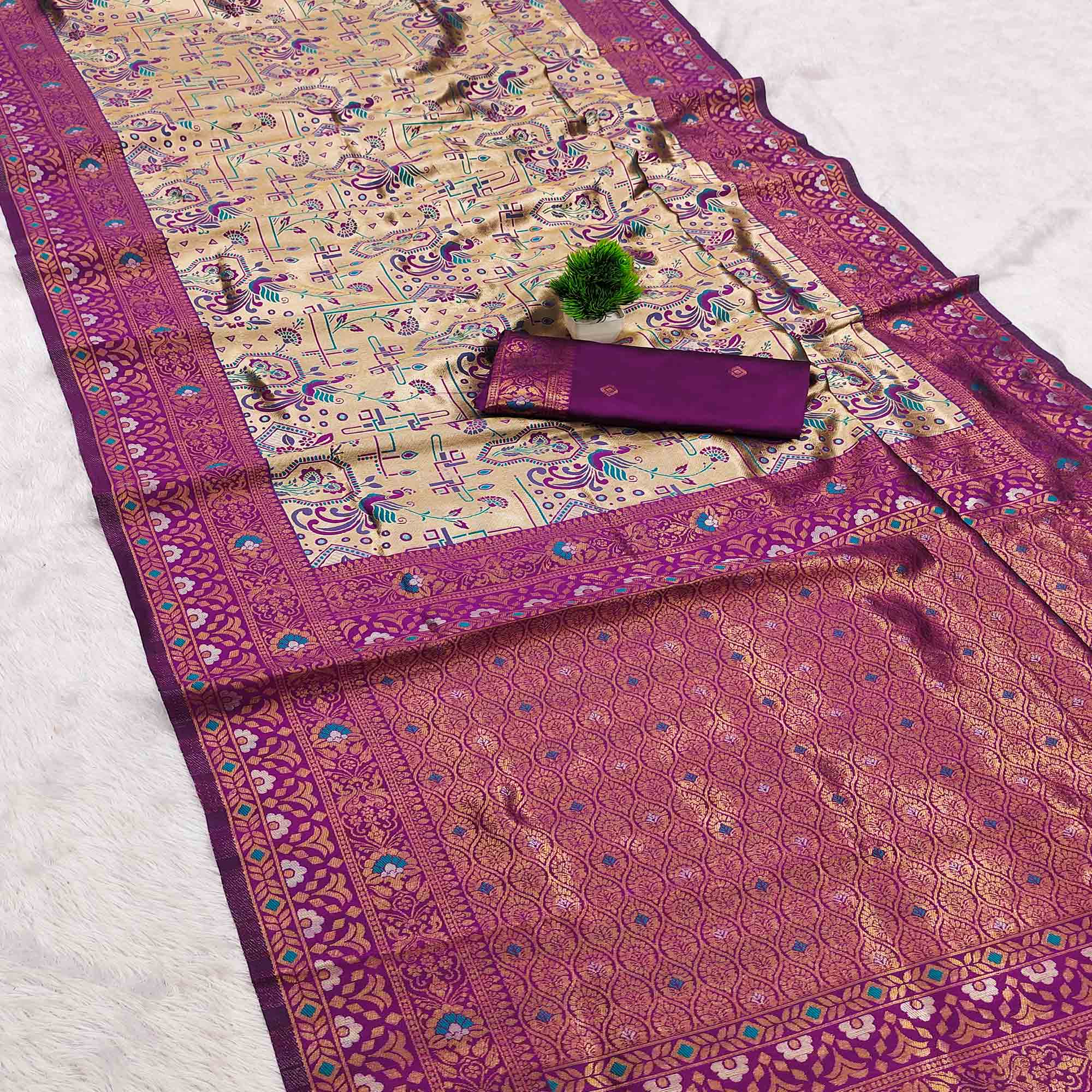Beige & Purple Handloom Kanjivaram Silk Saree Featuring Kalamkari-Style Floral Weaves