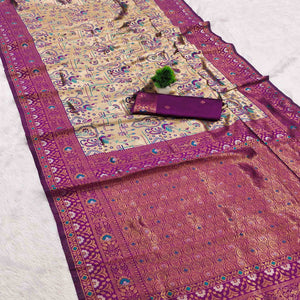 Beige & Purple Handloom Kanjivaram Silk Saree Featuring Kalamkari-Style Floral Weaves