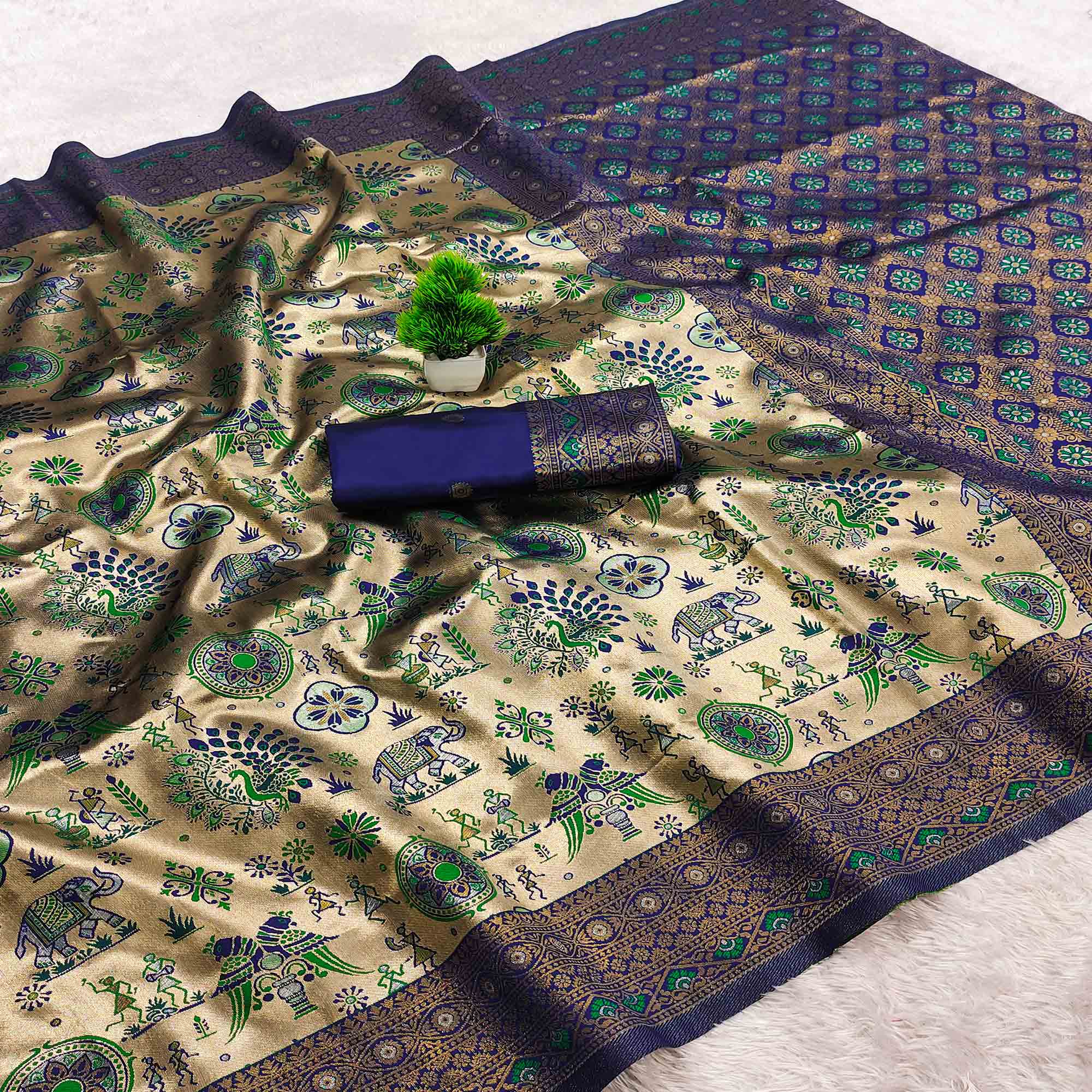 Beige & Blue Pure Kanjivaram Silk Saree Adorned with Meenakari Floral Weaving