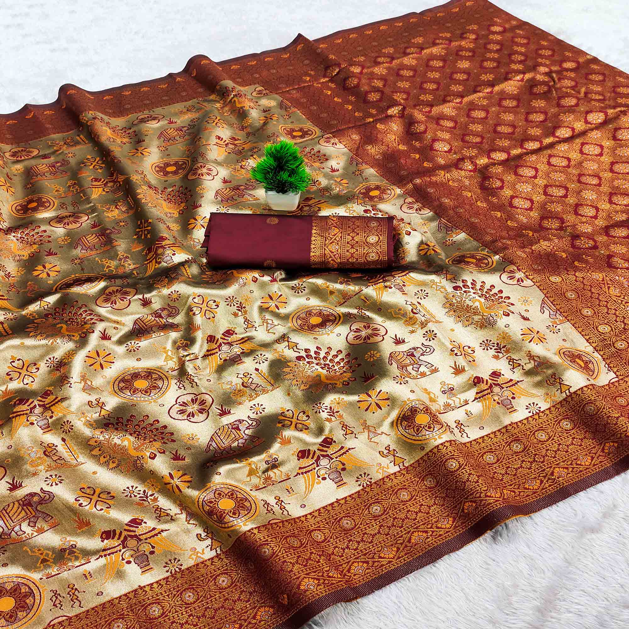 Beige & Maroon Pure Kanjivaram Silk Saree Adorned with Meenakari Floral Weaving