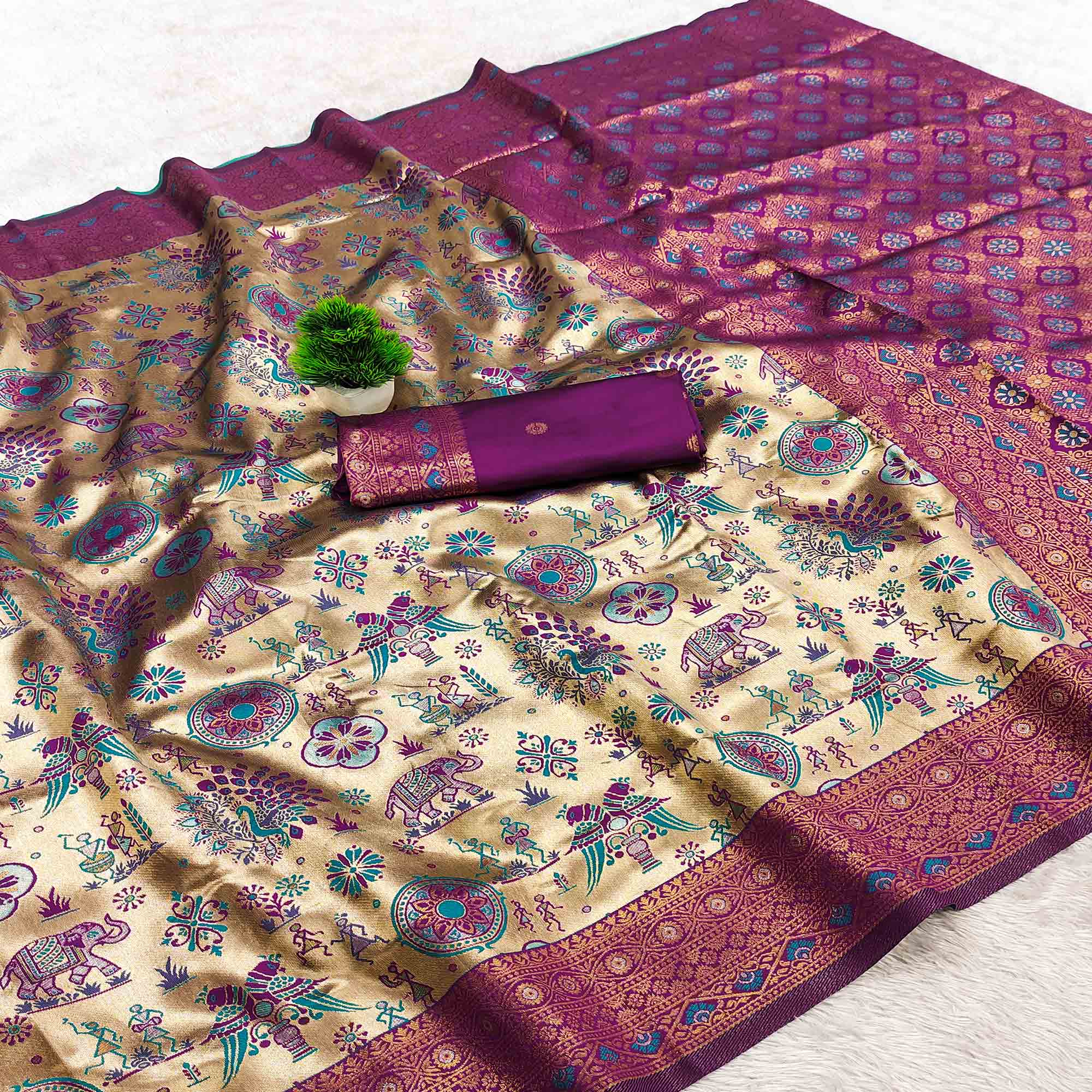 Beige & Purple Pure Kanjivaram Silk Saree Adorned with Meenakari Floral Weaving