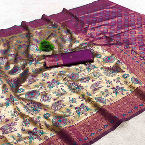 Beige & Purple Pure Kanjivaram Silk Saree Adorned with Meenakari Floral Weaving