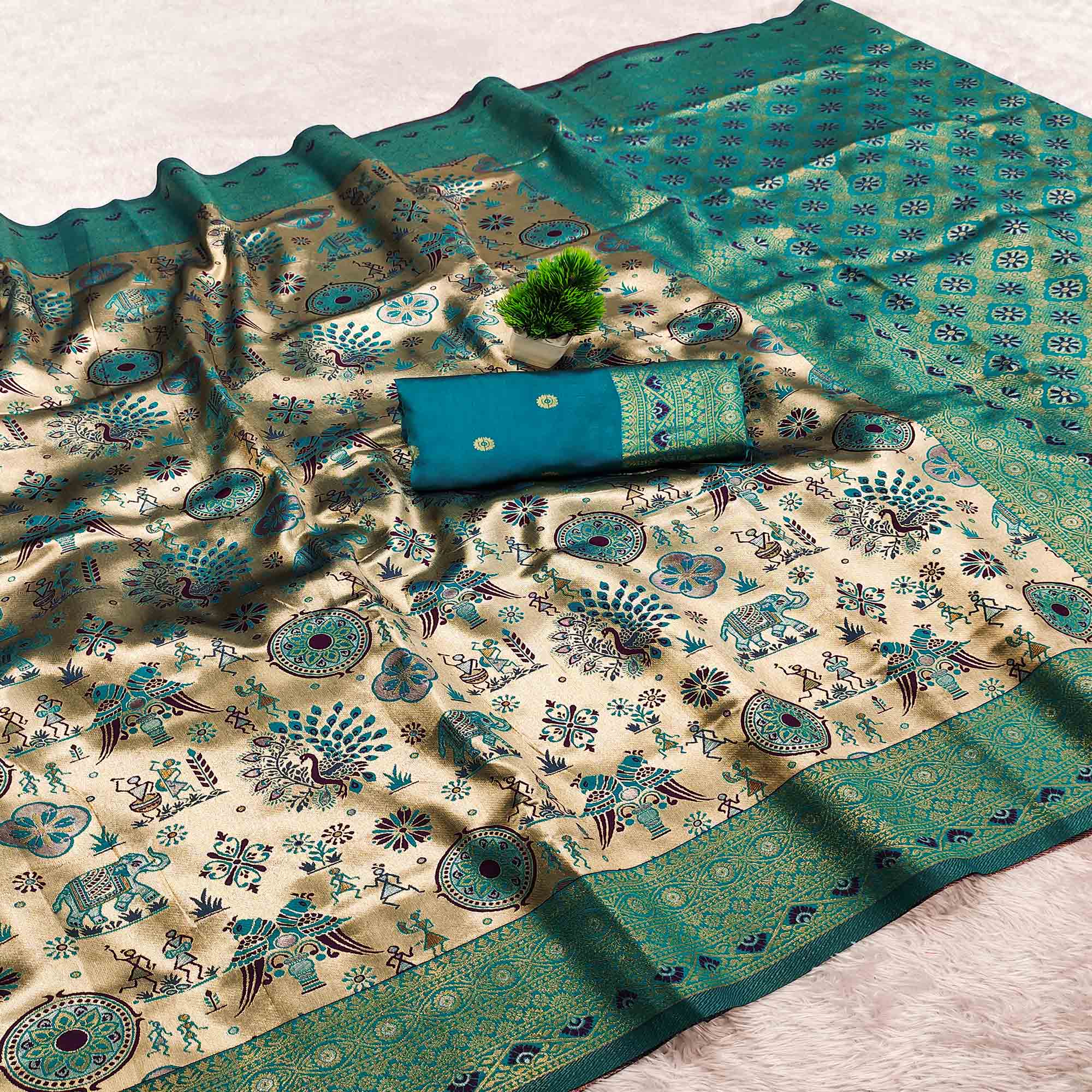Beige & Rama Green Pure Kanjivaram Silk Saree Adorned with Meenakari Floral Weaving