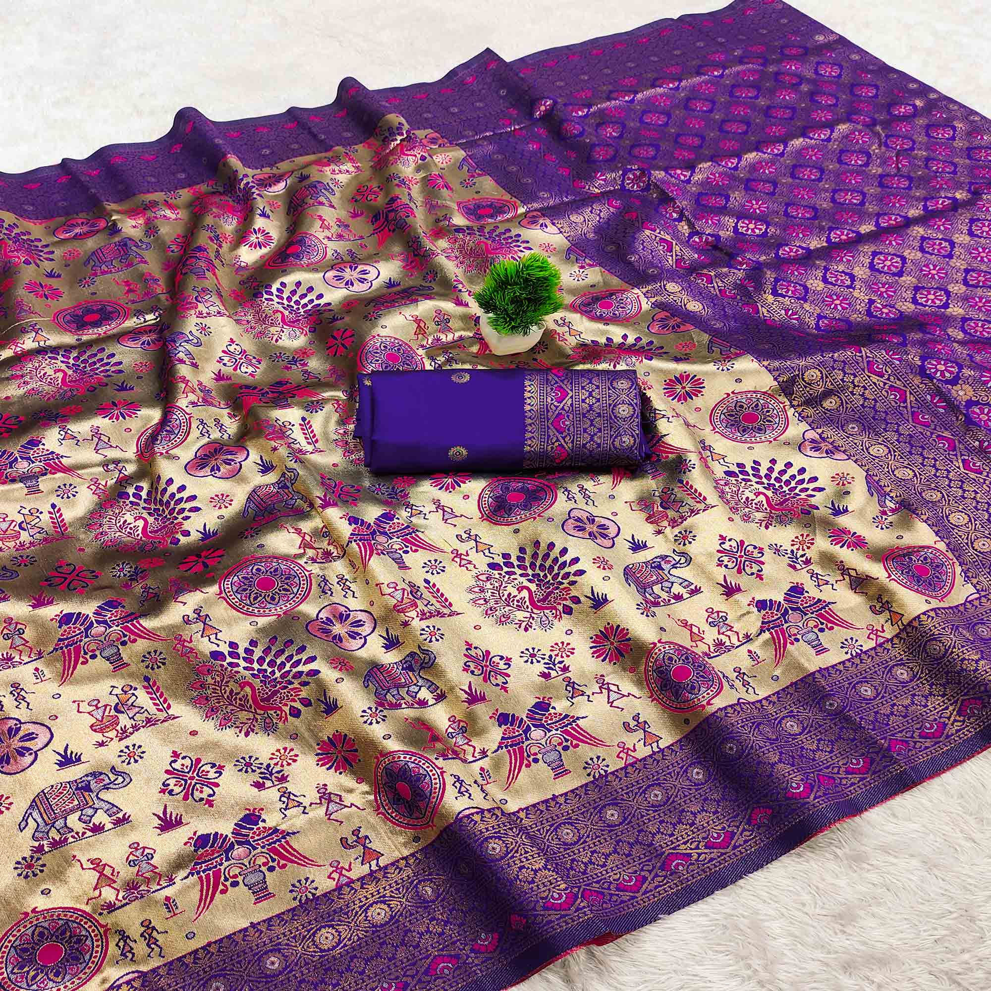 Beige & Violet Pure Kanjivaram Silk Saree Adorned with Meenakari Floral Weaving