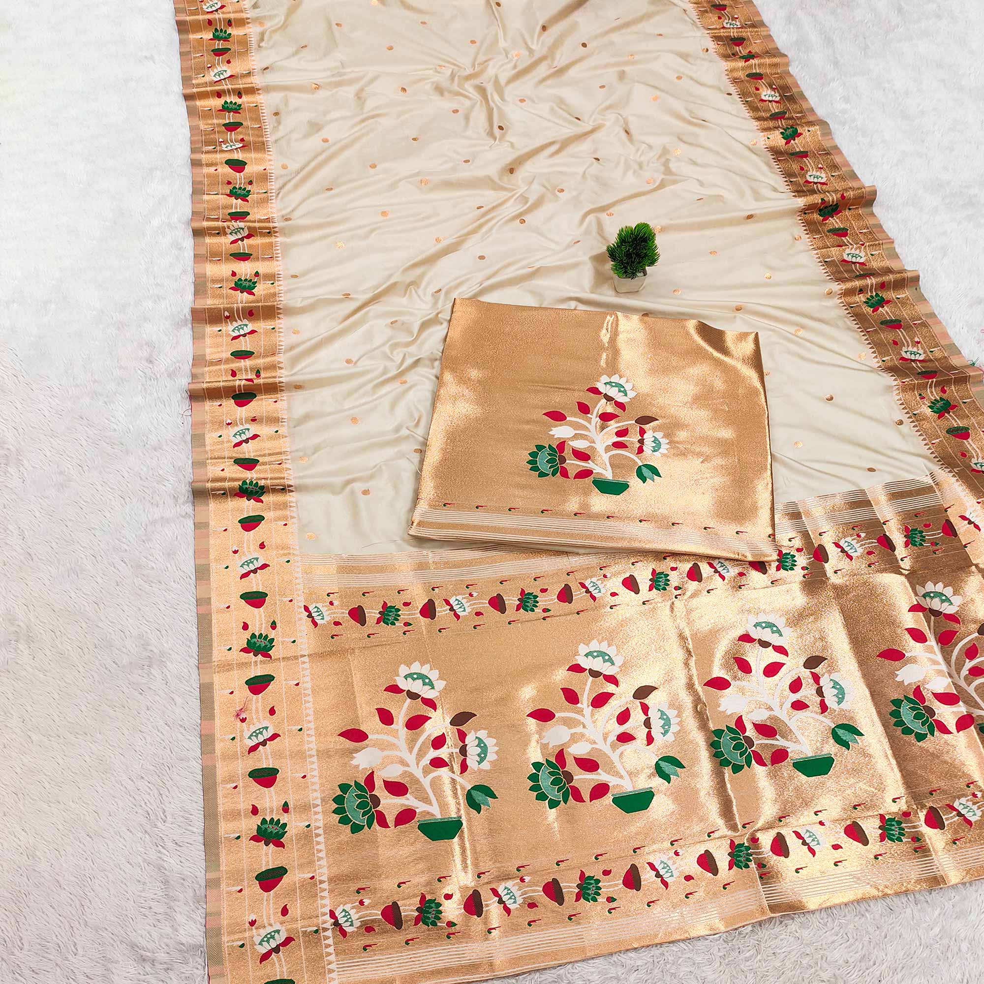 Cream Paithani Inspired Lotus Woven Kanjivaram Bridal Silk Saree