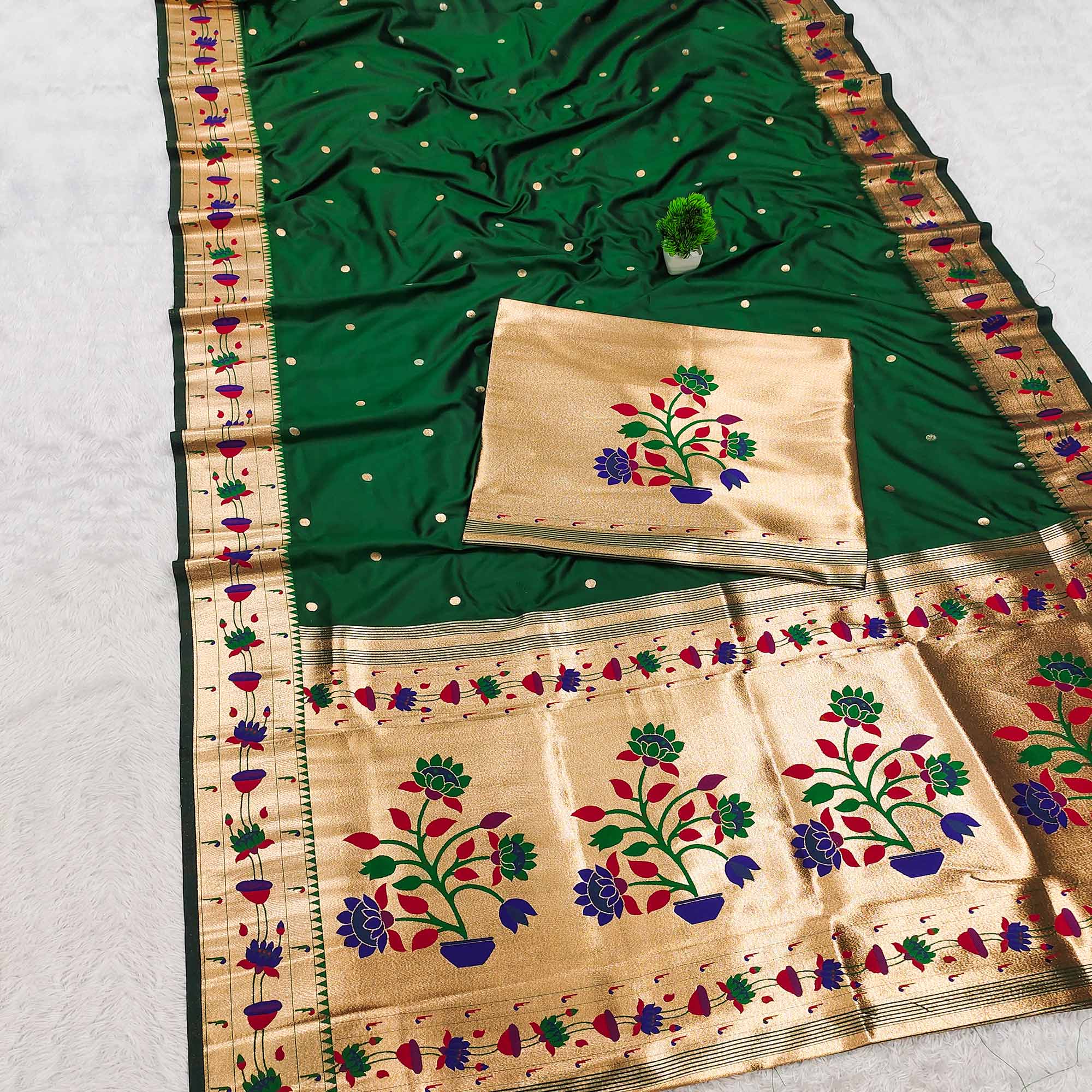 Green Paithani Inspired Lotus Woven Kanjivaram Bridal Silk Saree