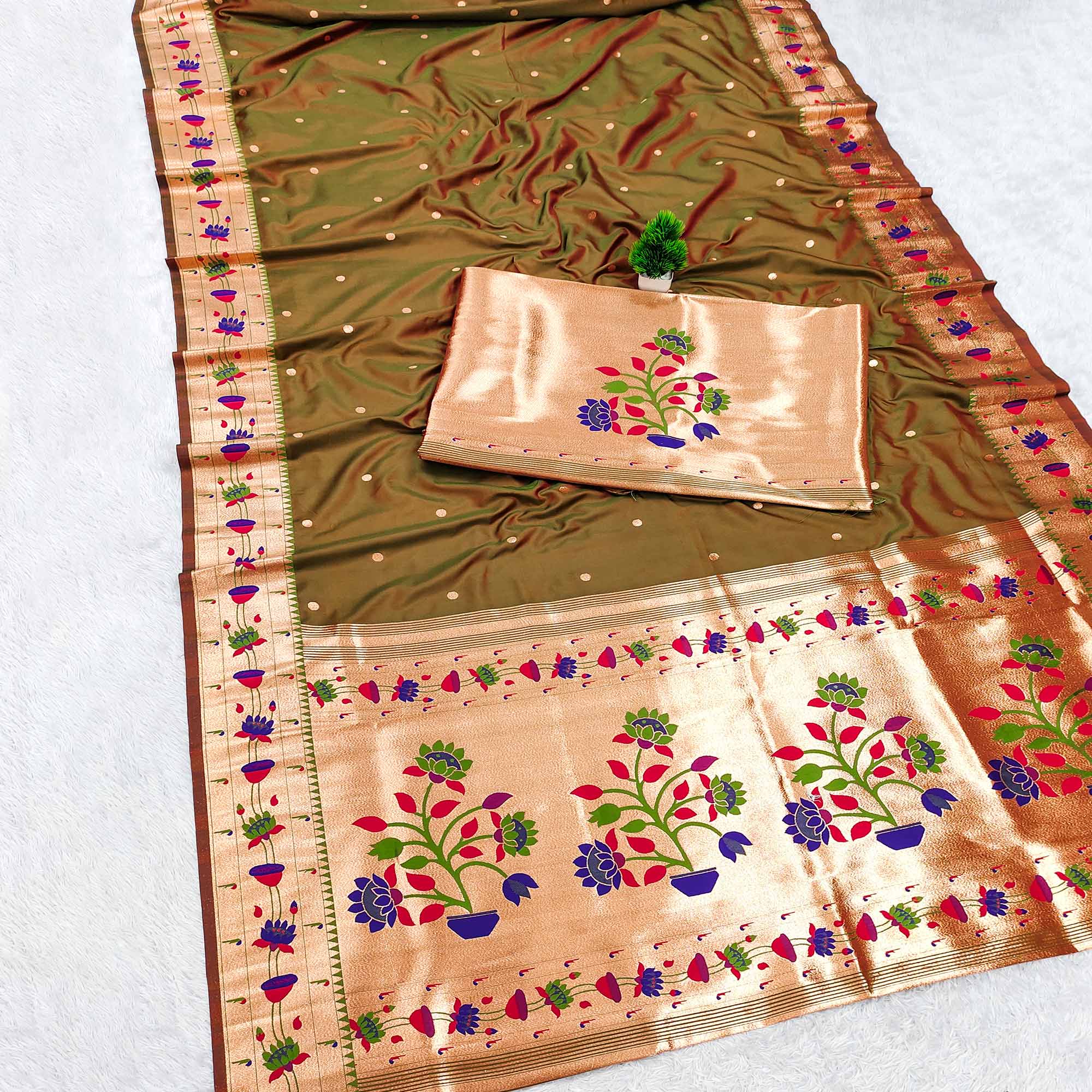 Olive Paithani Inspired Lotus Woven Kanjivaram Bridal Silk Saree