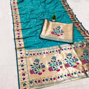 Rama Blue Paithani Inspired Lotus Woven Kanjivaram Bridal Silk Saree
