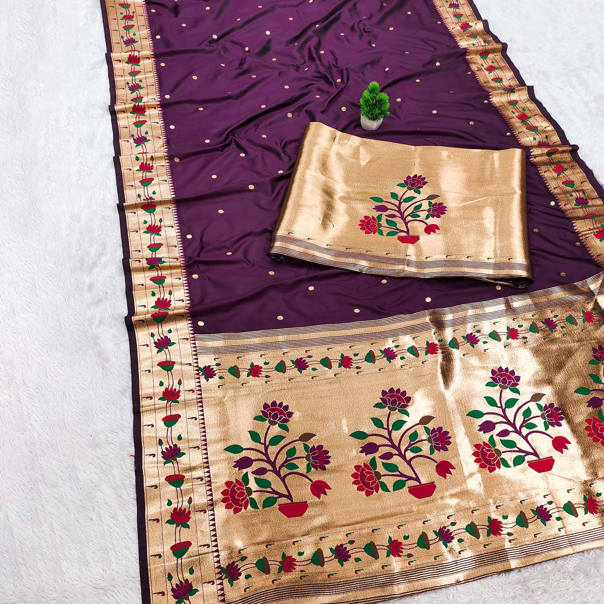 Wine Paithani Inspired Lotus Woven Kanjivaram Bridal Silk Saree