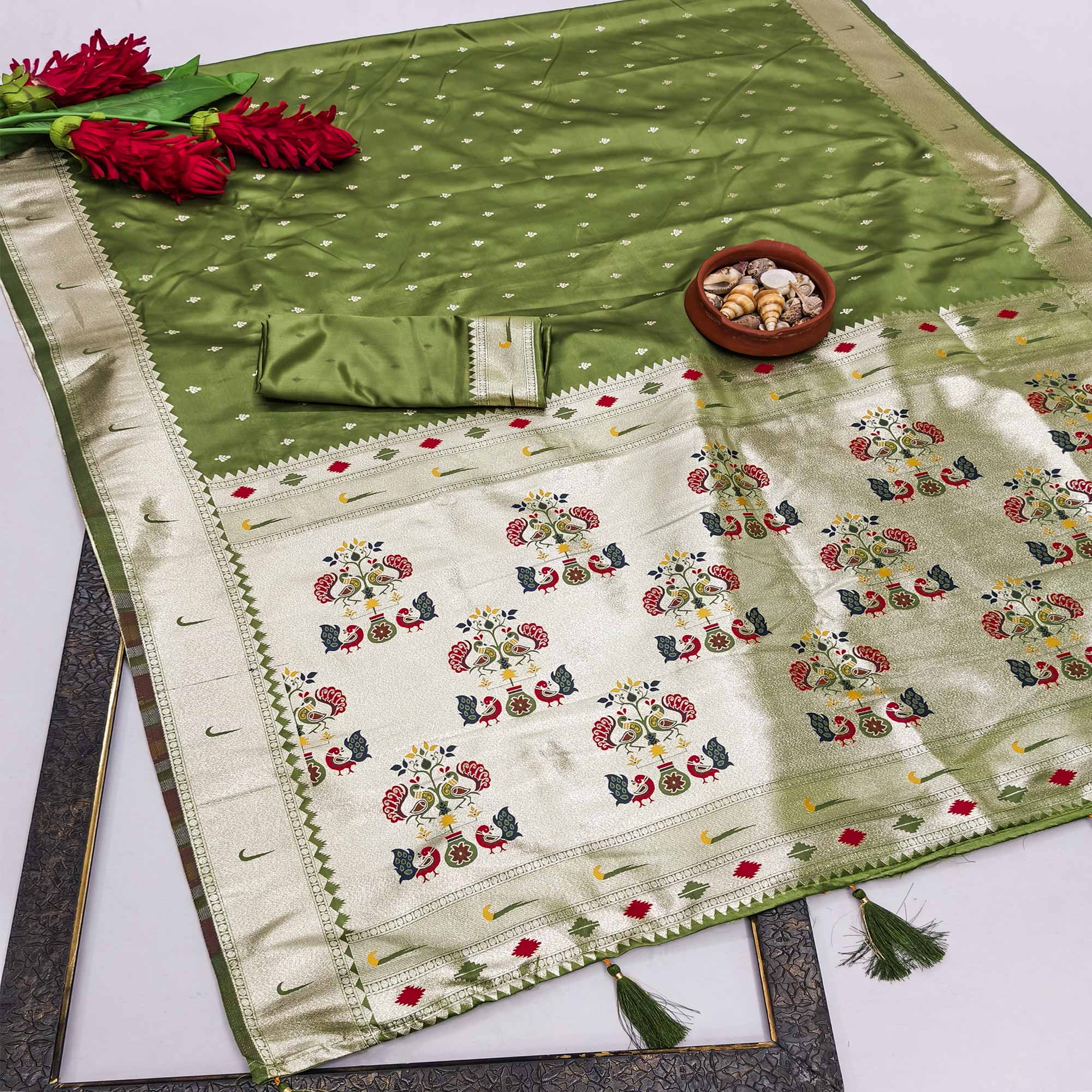Green Timeless Paithani Satin Silk Saree Featuring Luxurious Zari Weaving