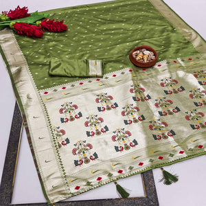 Green Timeless Paithani Satin Silk Saree Featuring Luxurious Zari Weaving