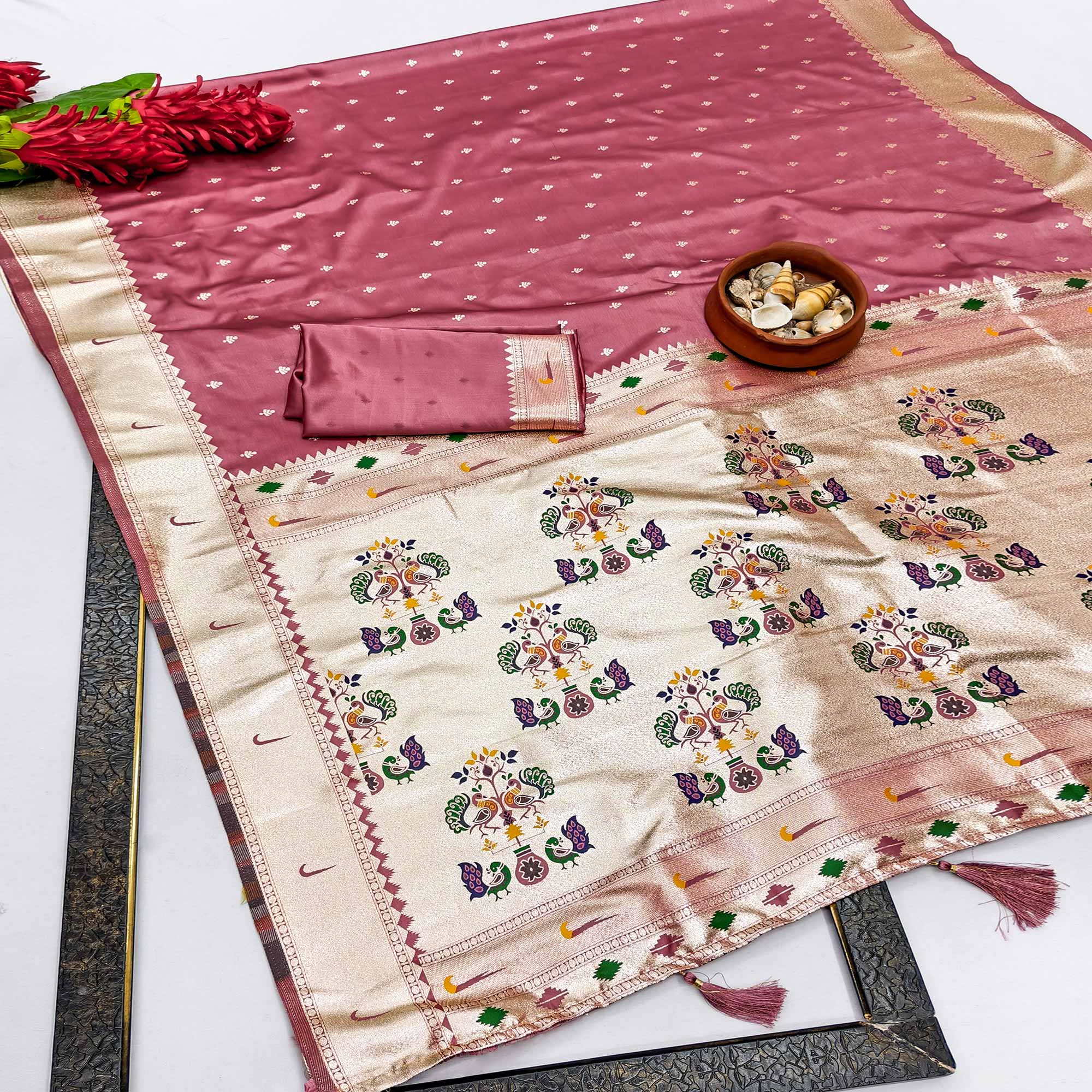 Pink Timeless Paithani Satin Silk Saree Featuring Luxurious Zari Weaving