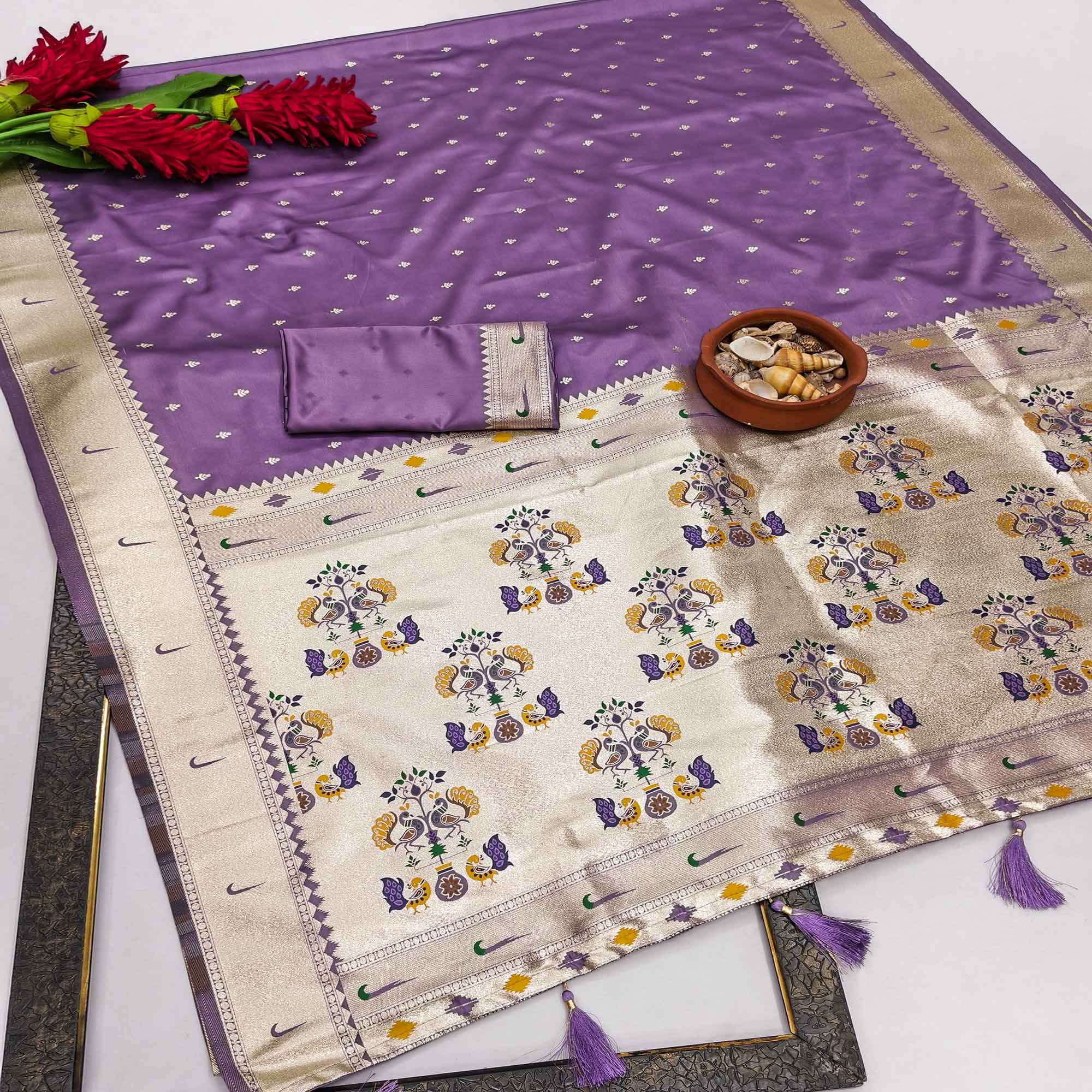 Purple Timeless Paithani Satin Silk Saree Featuring Luxurious Zari Weaving