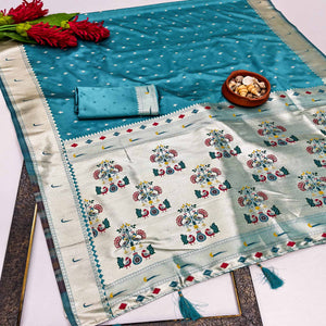 Rama Blue Timeless Paithani Satin Silk Saree Featuring Luxurious Zari Weaving