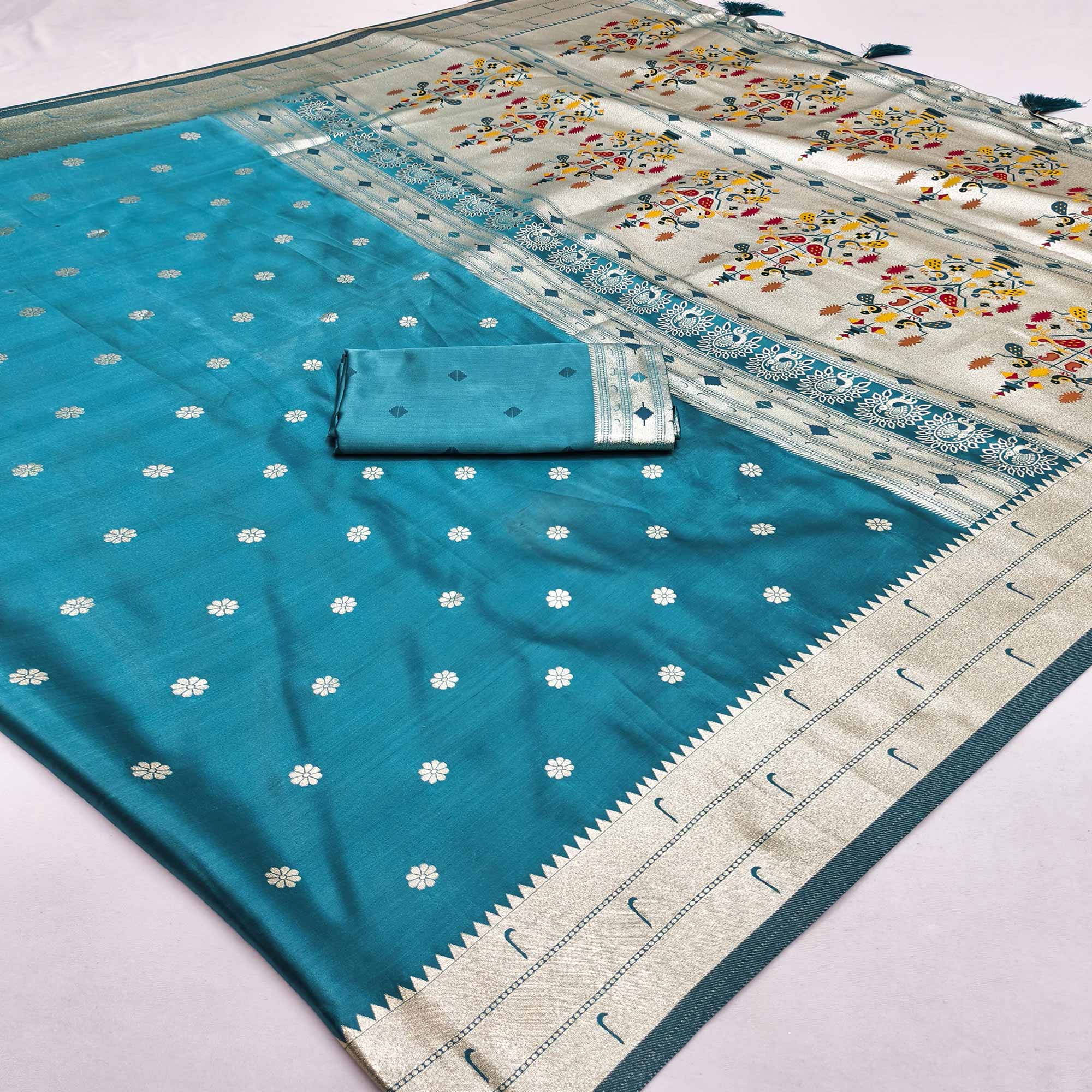 Rama Blue Classic Paithani Satin Silk Saree Accented with Rich Zari Work