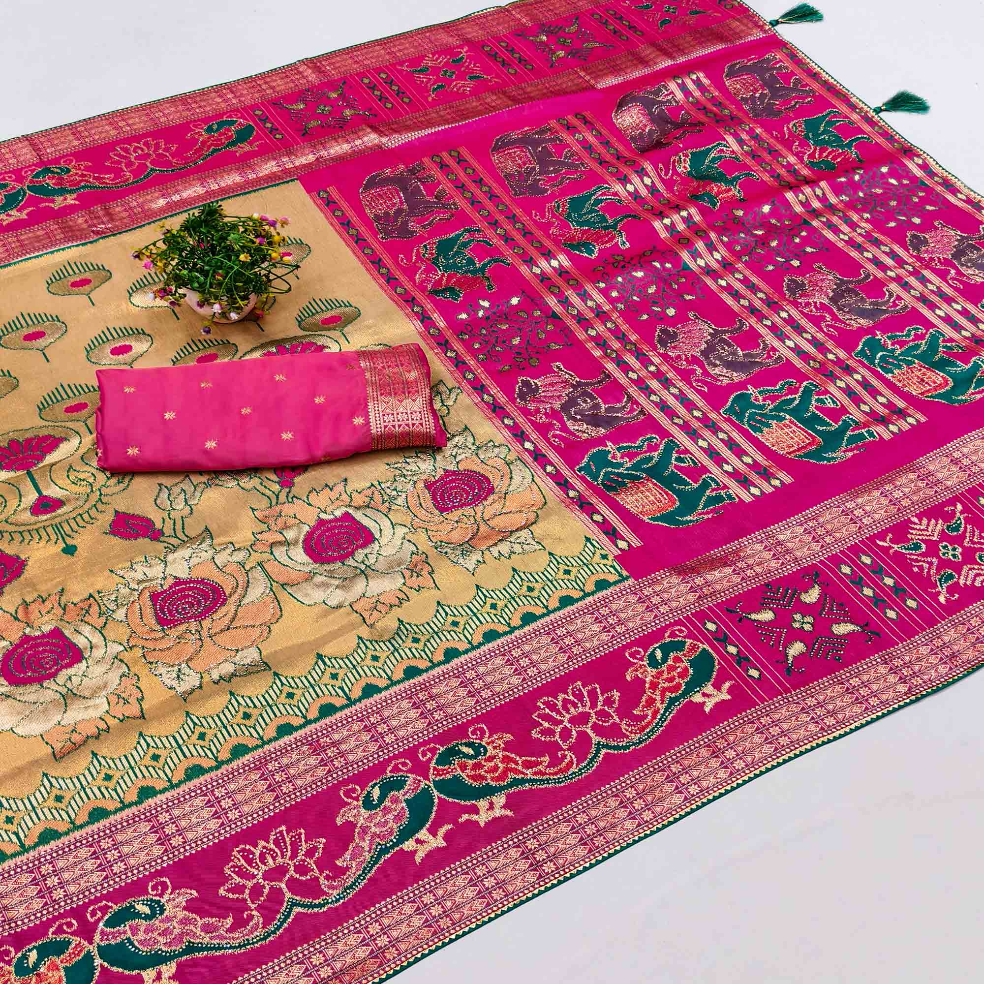 Beige Premium Cotton Silk Saree with Beautiful Swarovski Work and Classic Woven Texture