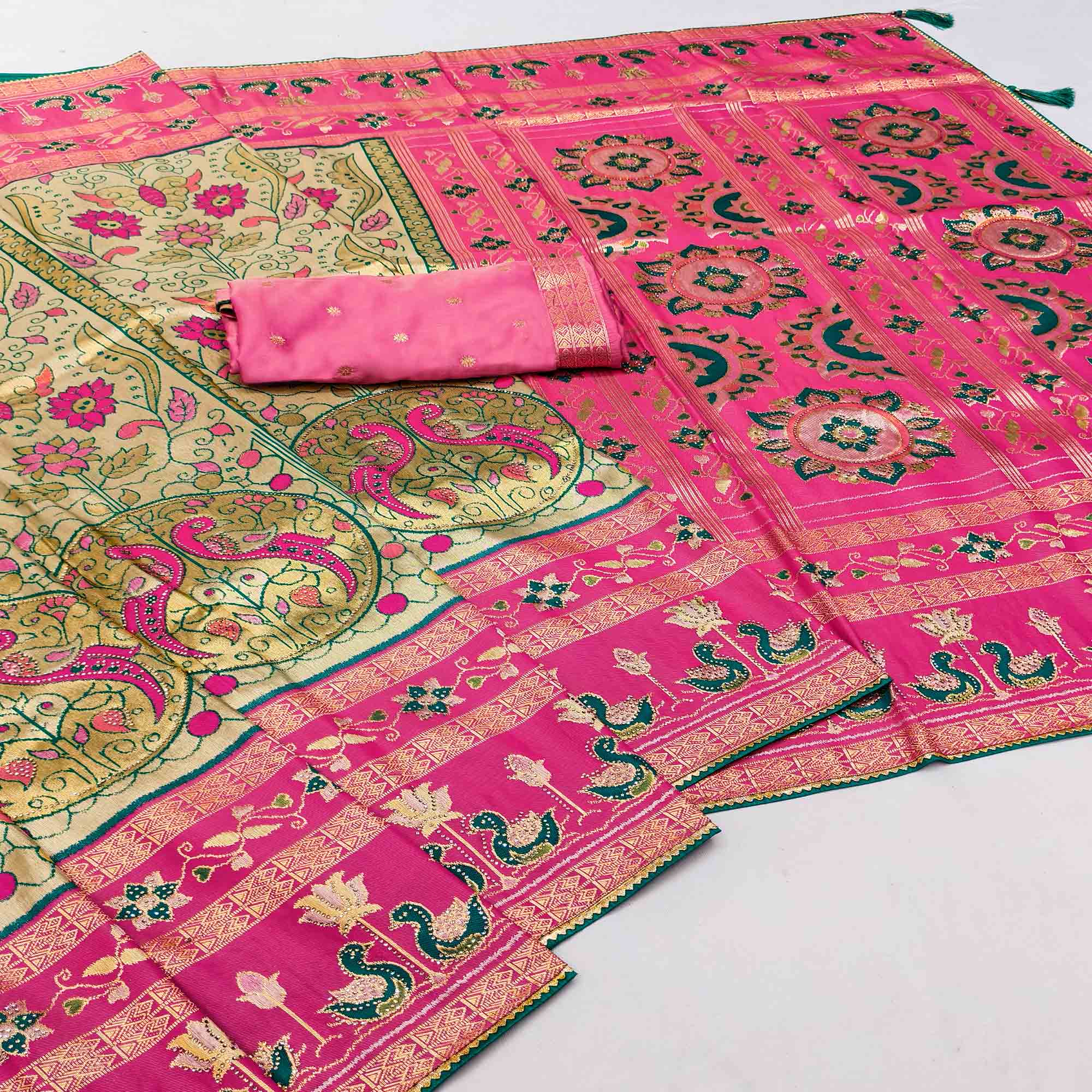 Olive Cotton Silk Saree Adorned with Elegant Swarovski Work and Fine Woven Detailing
